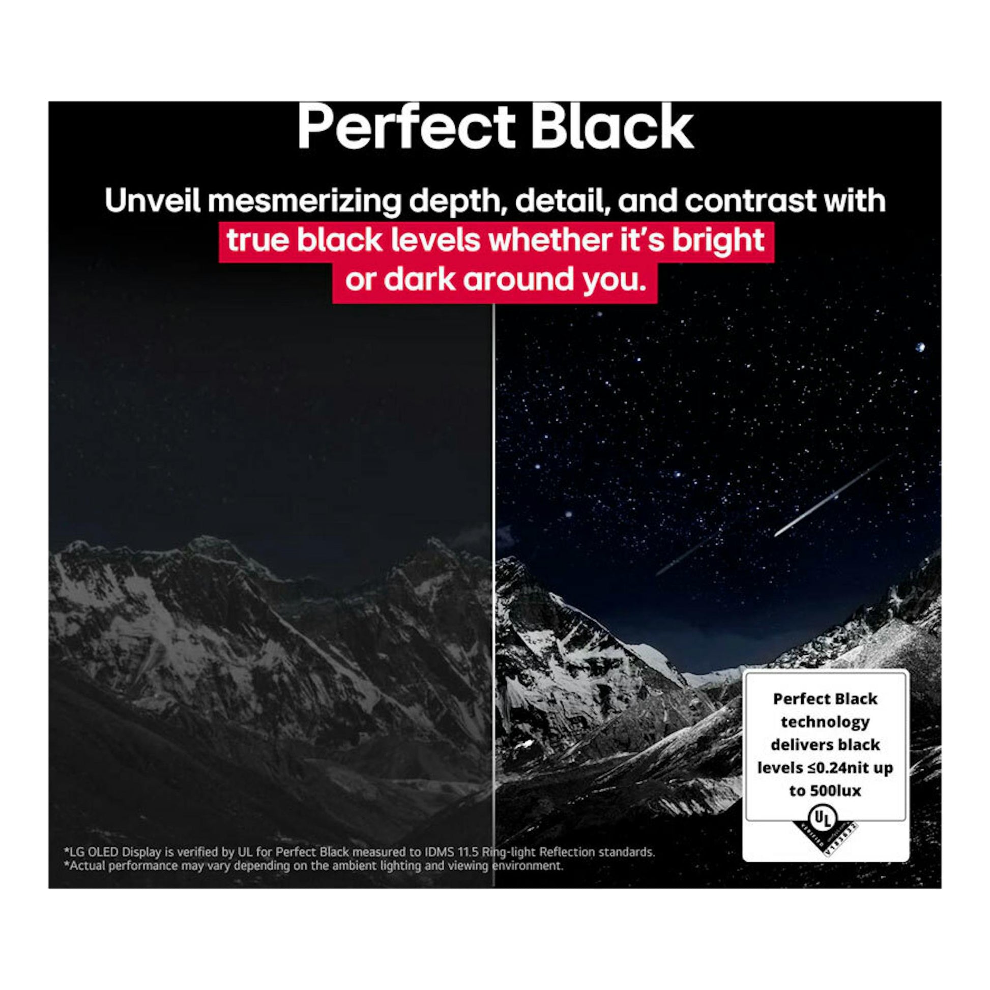 Gráfico de LG OLED83G54LW con comparación de negro perfecto en cielo nocturno y montañas.