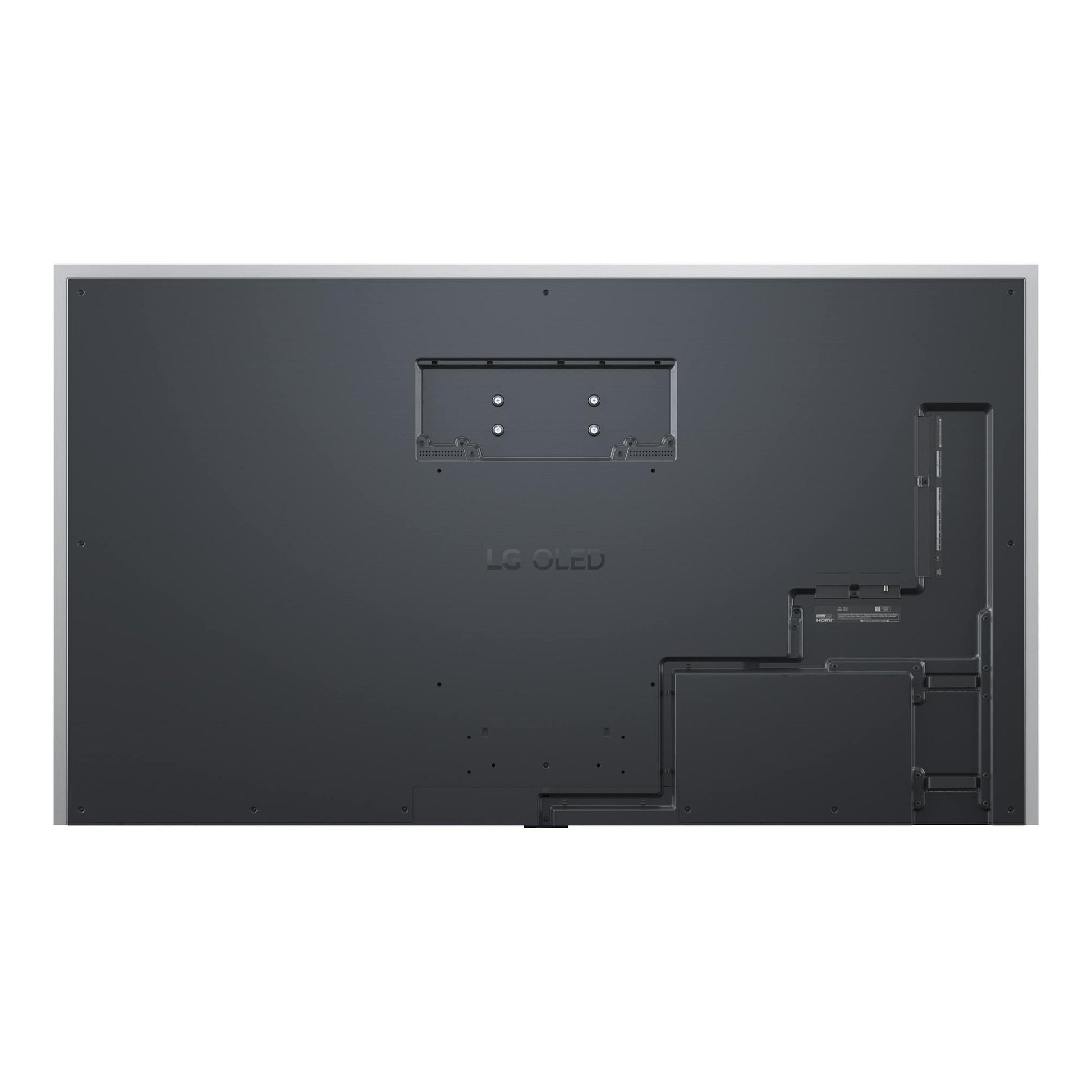 Vista trasera del televisor LG OLED83G64LW negro, con soporte VESA y conexiones laterales.