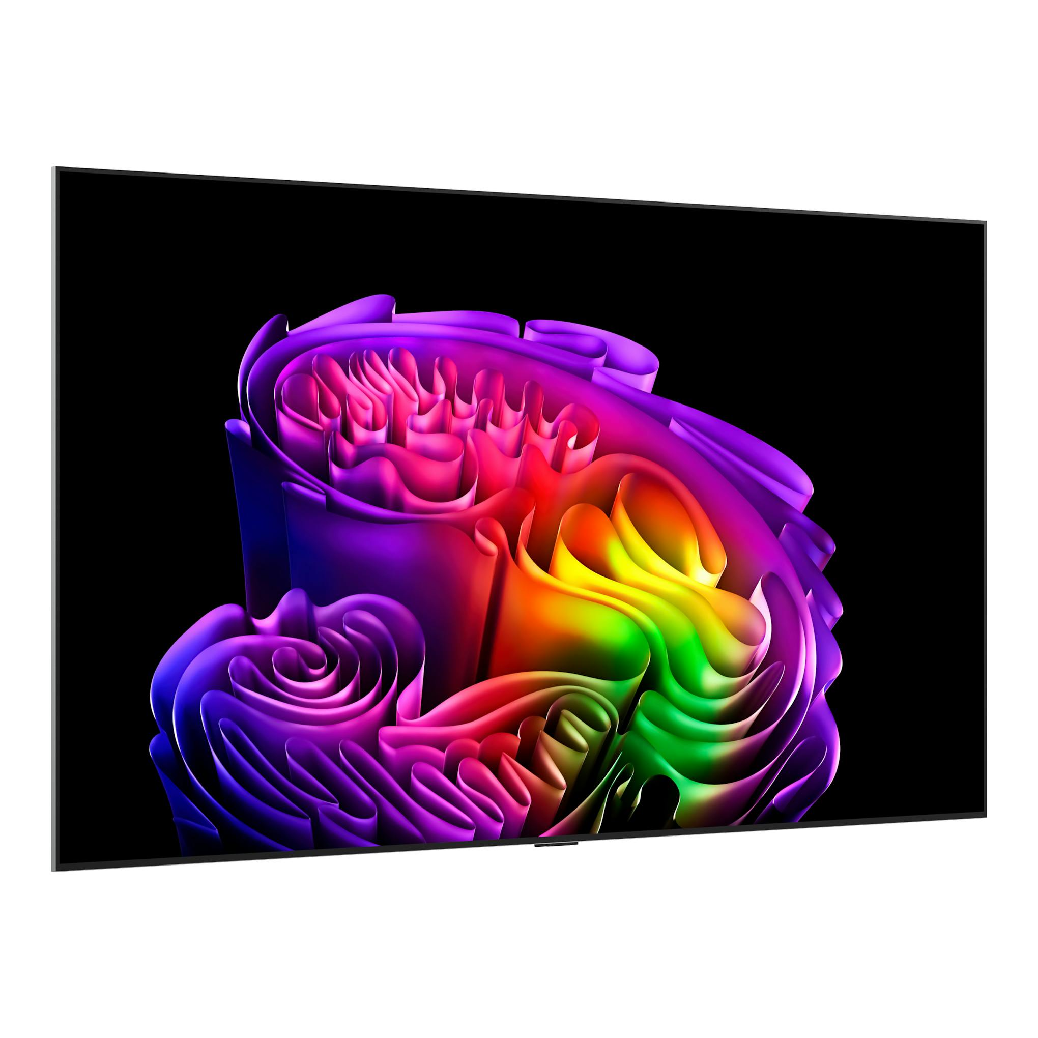 Televisor LG OLED83G64LW, vista en ángulo, pantalla negra con gráfico abstracto multicolor.