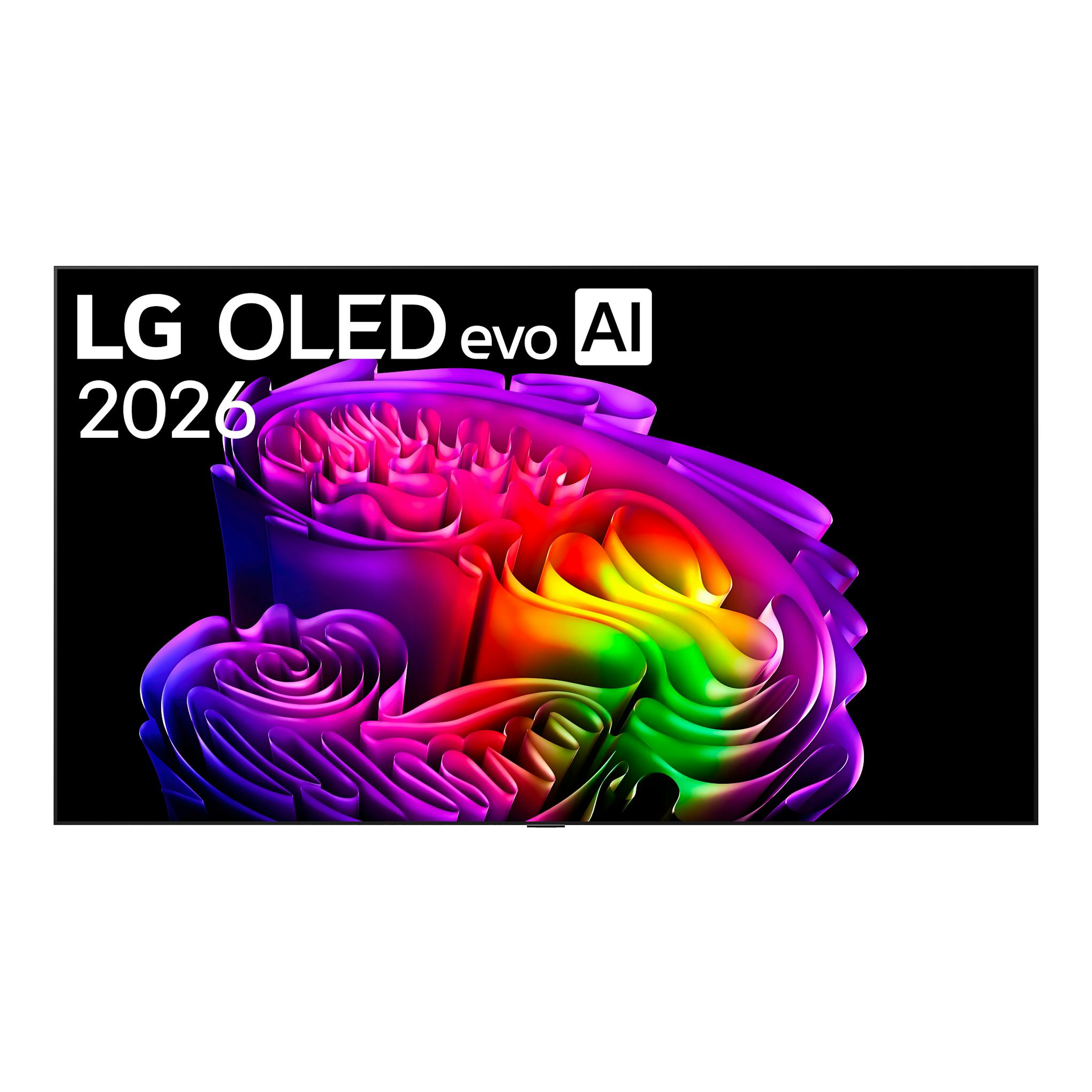 Televisor LG OLED evo AI 2026, vista frontal, pantalla negra con gráfico abstracto multicolor.