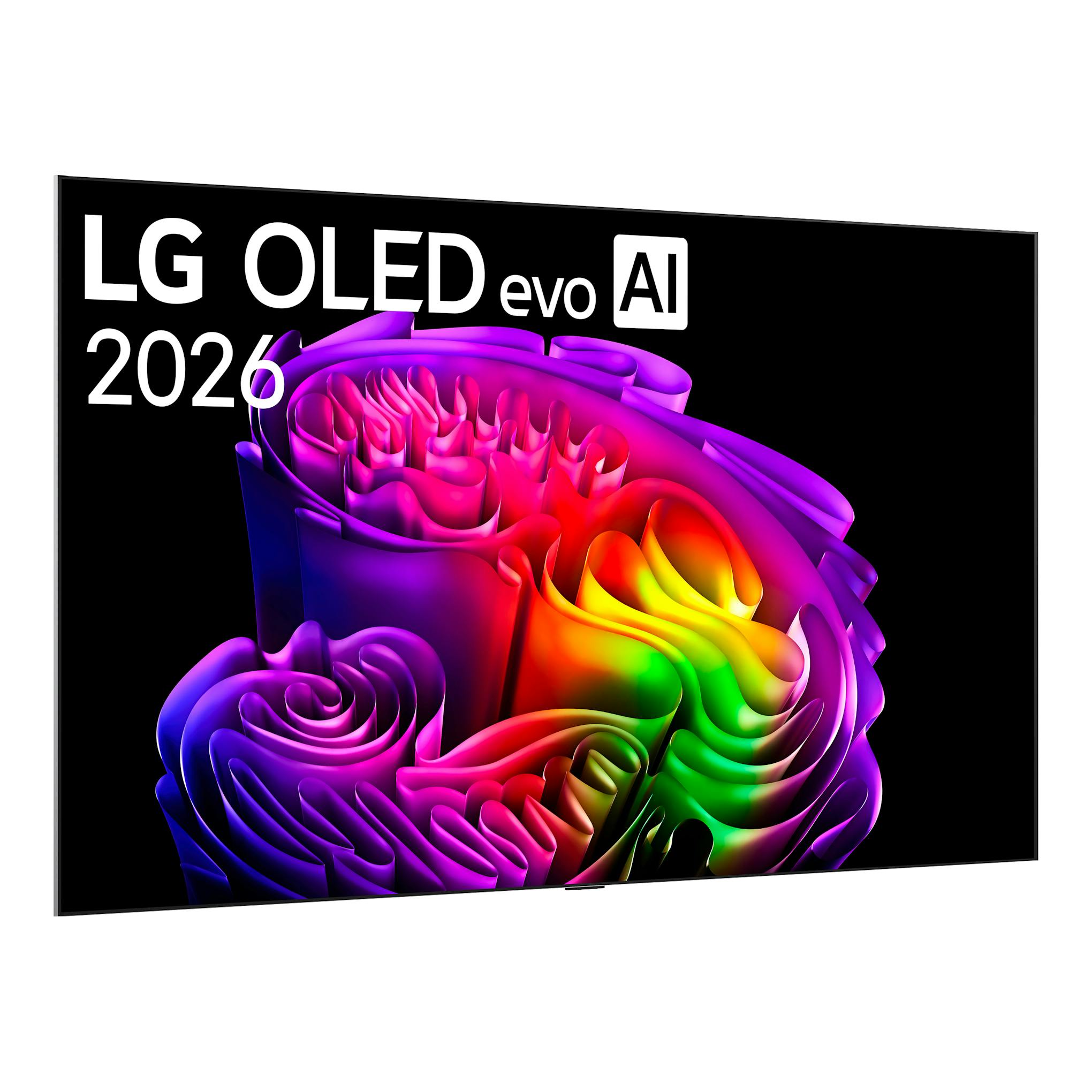 Televisor LG OLED evo AI, vista frontal inclinada, pantalla negra con gráfico multicolor.