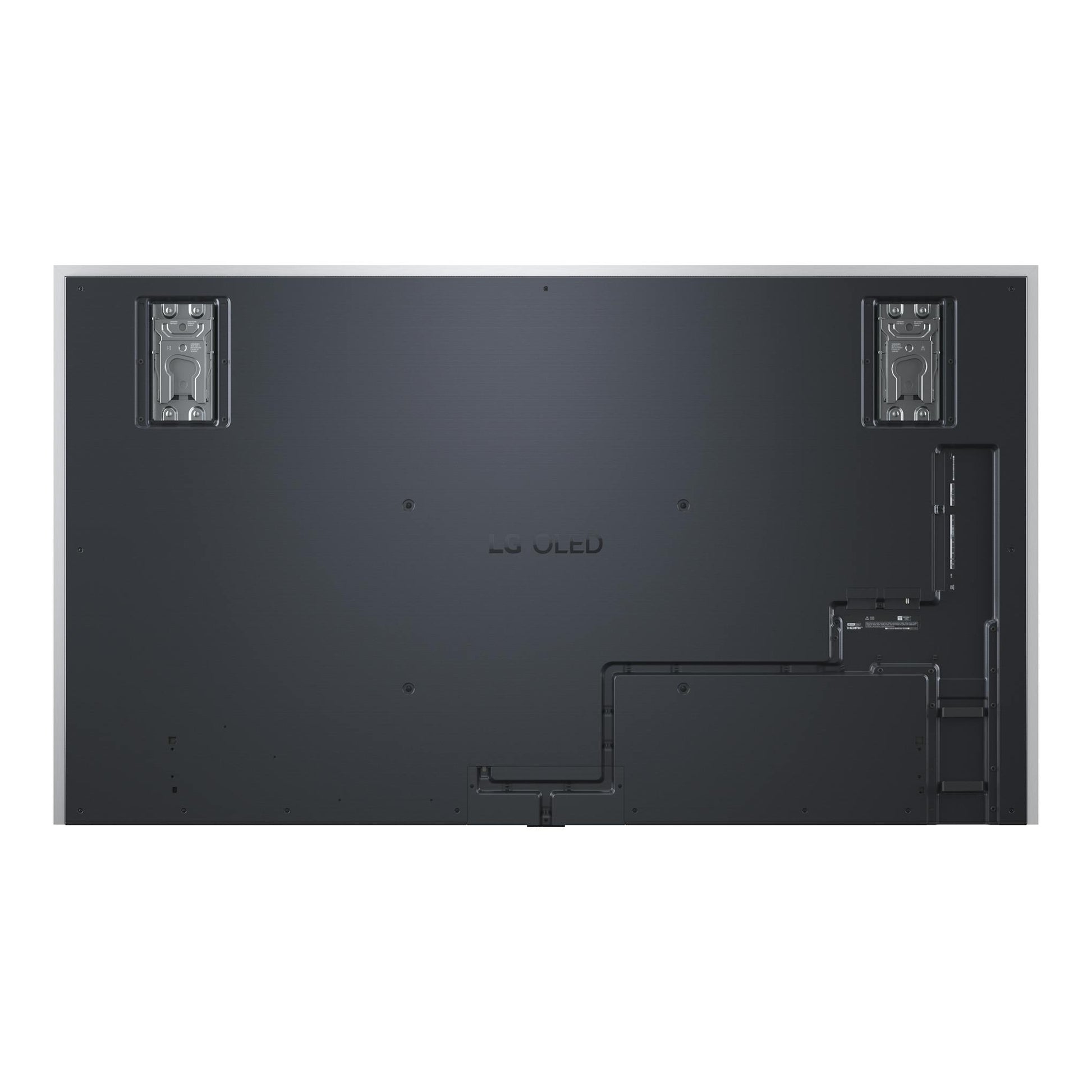 Vista trasera de televisor LG OLED97G64LW.AEU negro, con soportes de montaje en pared y puertos laterales.