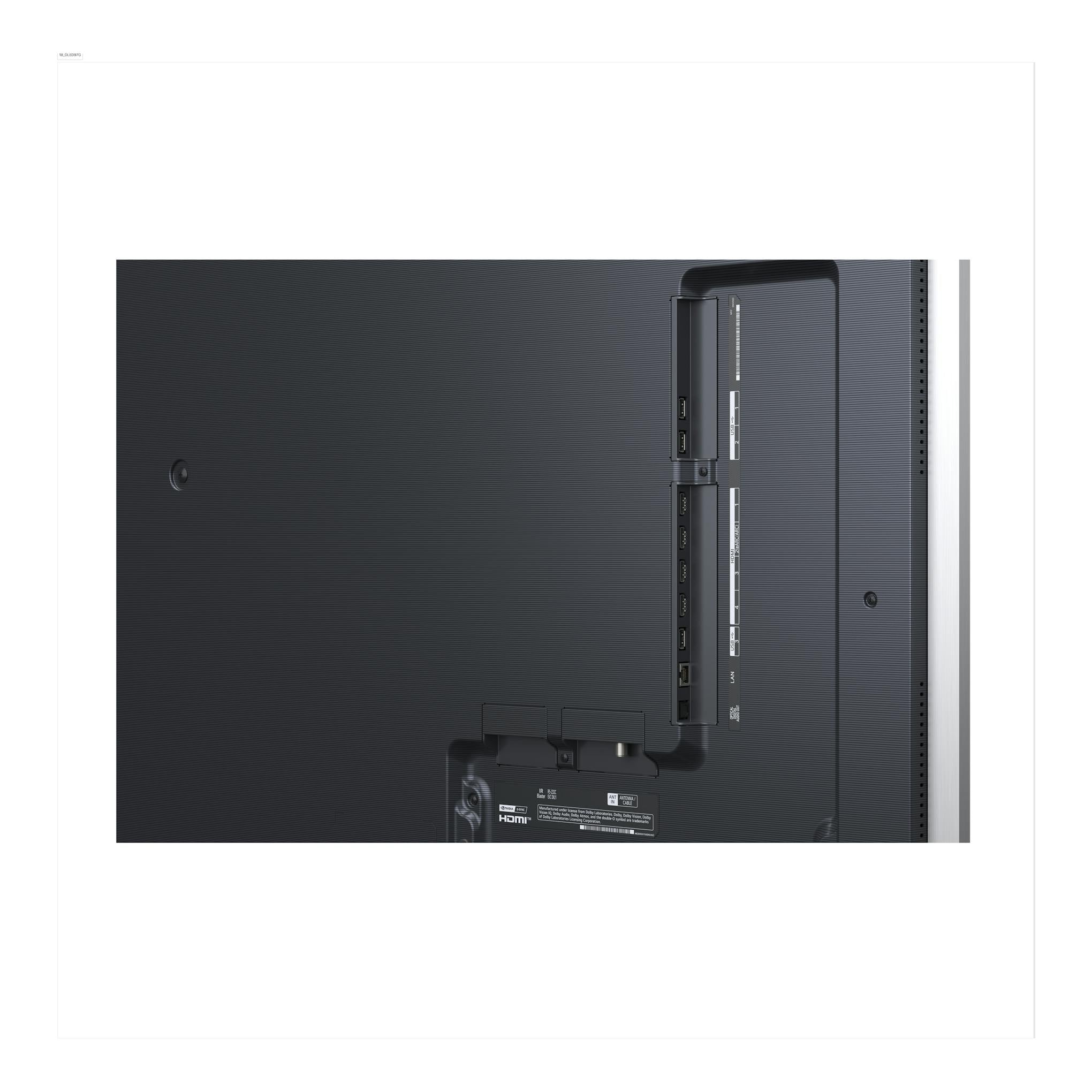 Televisor LG OLED97G64LW.AEU negro, vista trasera con panel de conexiones y puertos laterales.