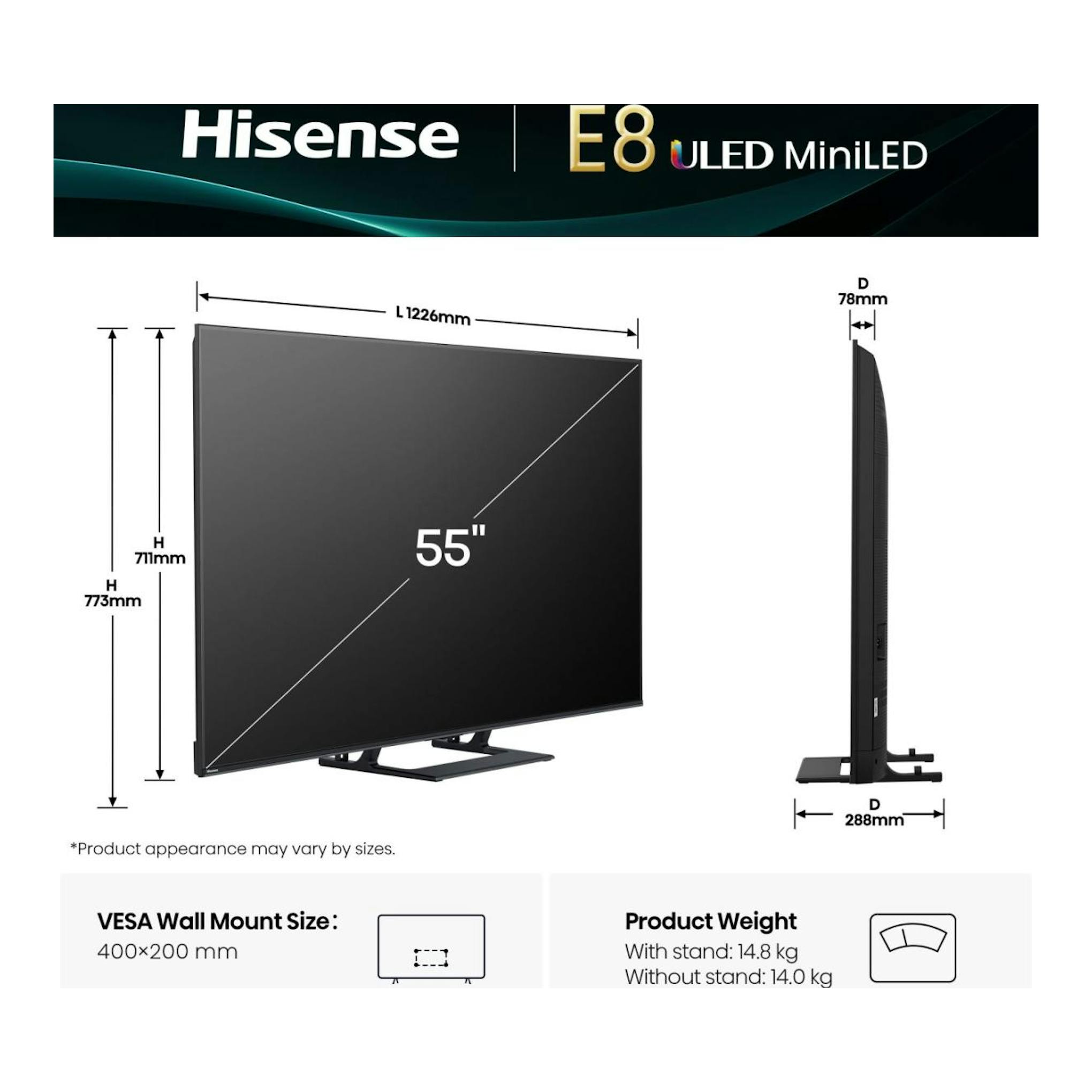 Hisense 55E8Q E8 ULED MiniLED de 55″, vista frontal y lateral negra con soporte y medidas.