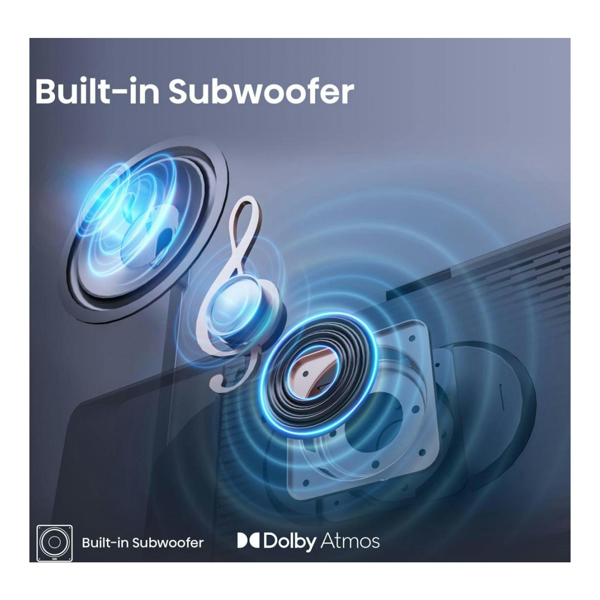Gráfico de subwoofer integrado con altavoces y ondas sonoras, con texto Dolby Atmos.