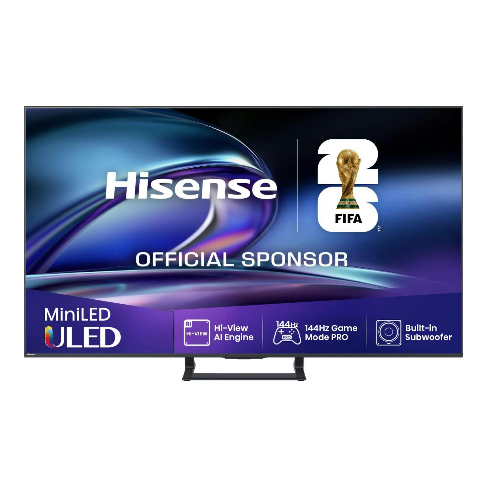Televisor Hisense 75E8Q MiniLED ULED, vista frontal, con logo FIFA y peana central negra.