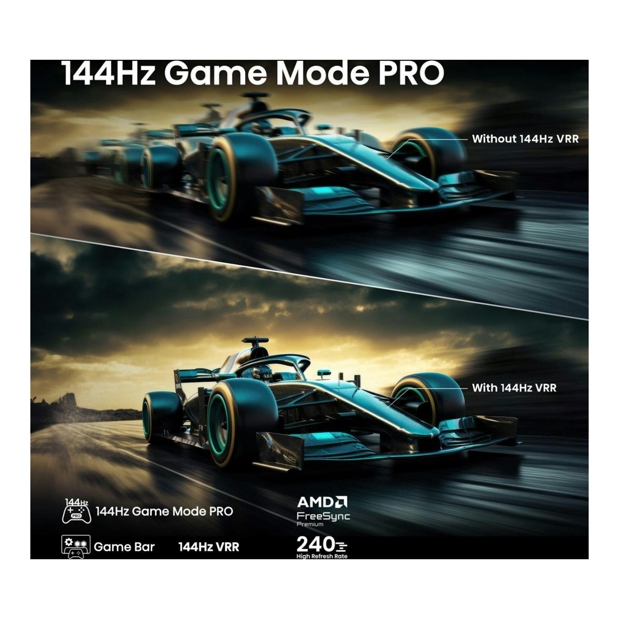 Hisense 75E8Q: gráfico promocional con coche de Fórmula 1, 144Hz Game Mode Pro y VRR.