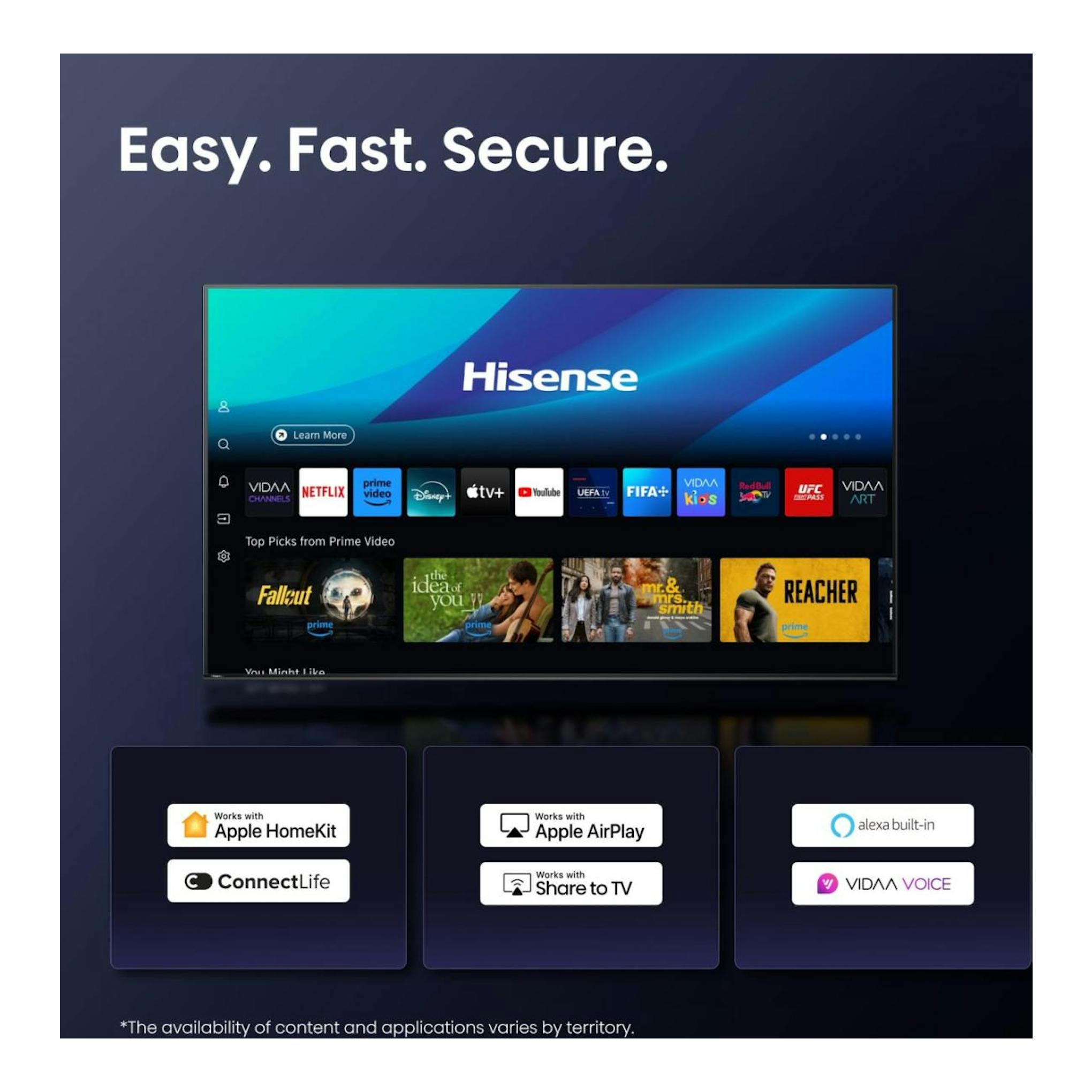 TV Hisense 75E8Q en vista frontal, con interfaz de apps y logotipos de Apple HomeKit, AirPlay y Alexa.
