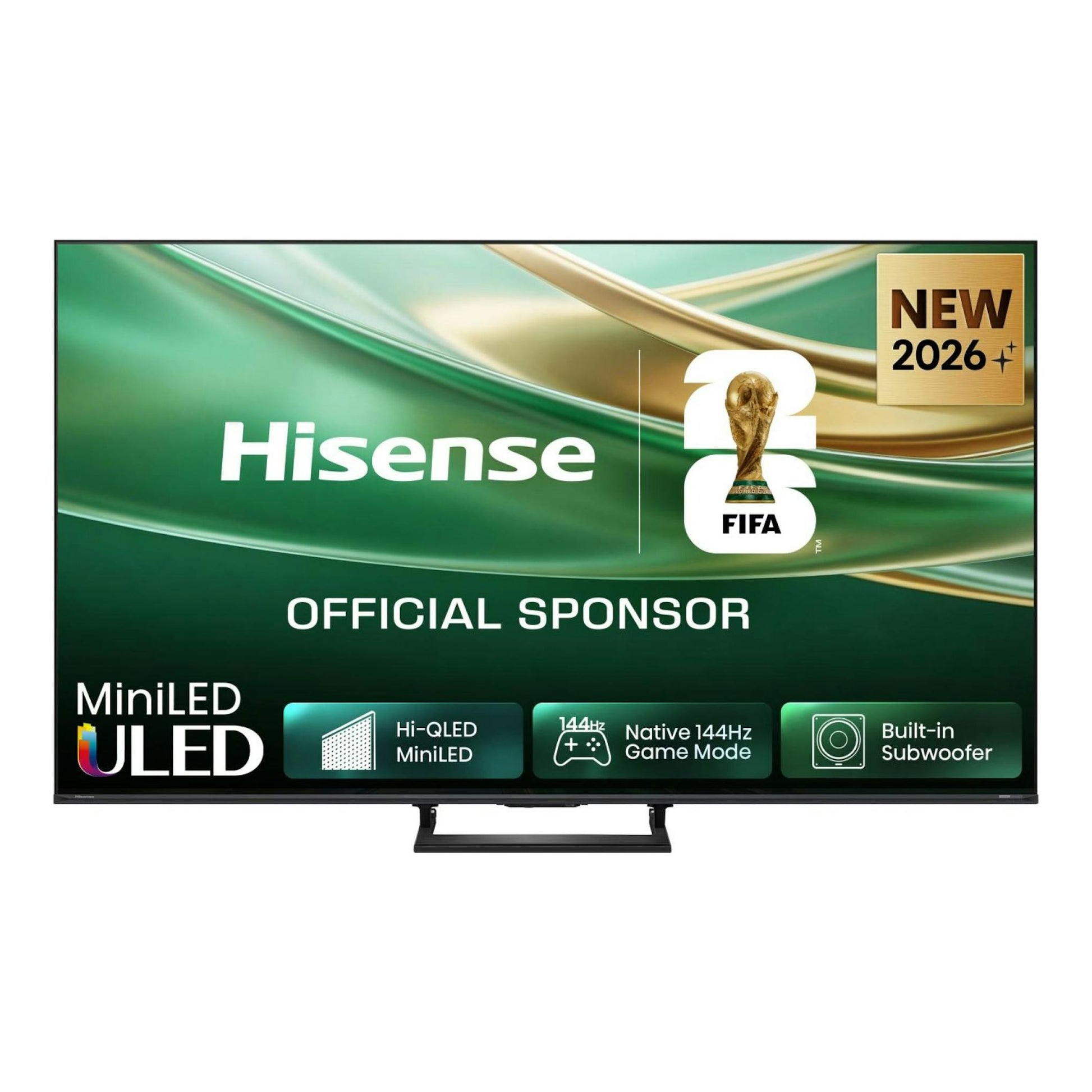 Televisor Hisense en vista frontal, con pantalla promocional verde, peana central y sello «NEW 2026 FIFA».