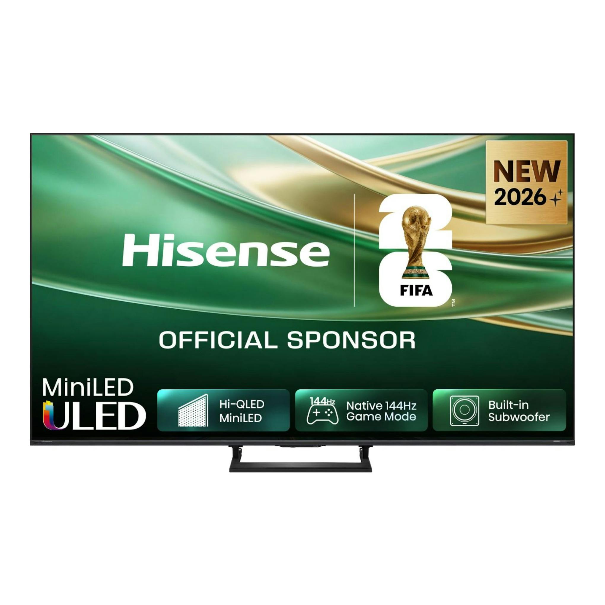 Televisor Hisense en vista frontal, con pantalla promocional verde, peana central y sello «NEW 2026 FIFA».