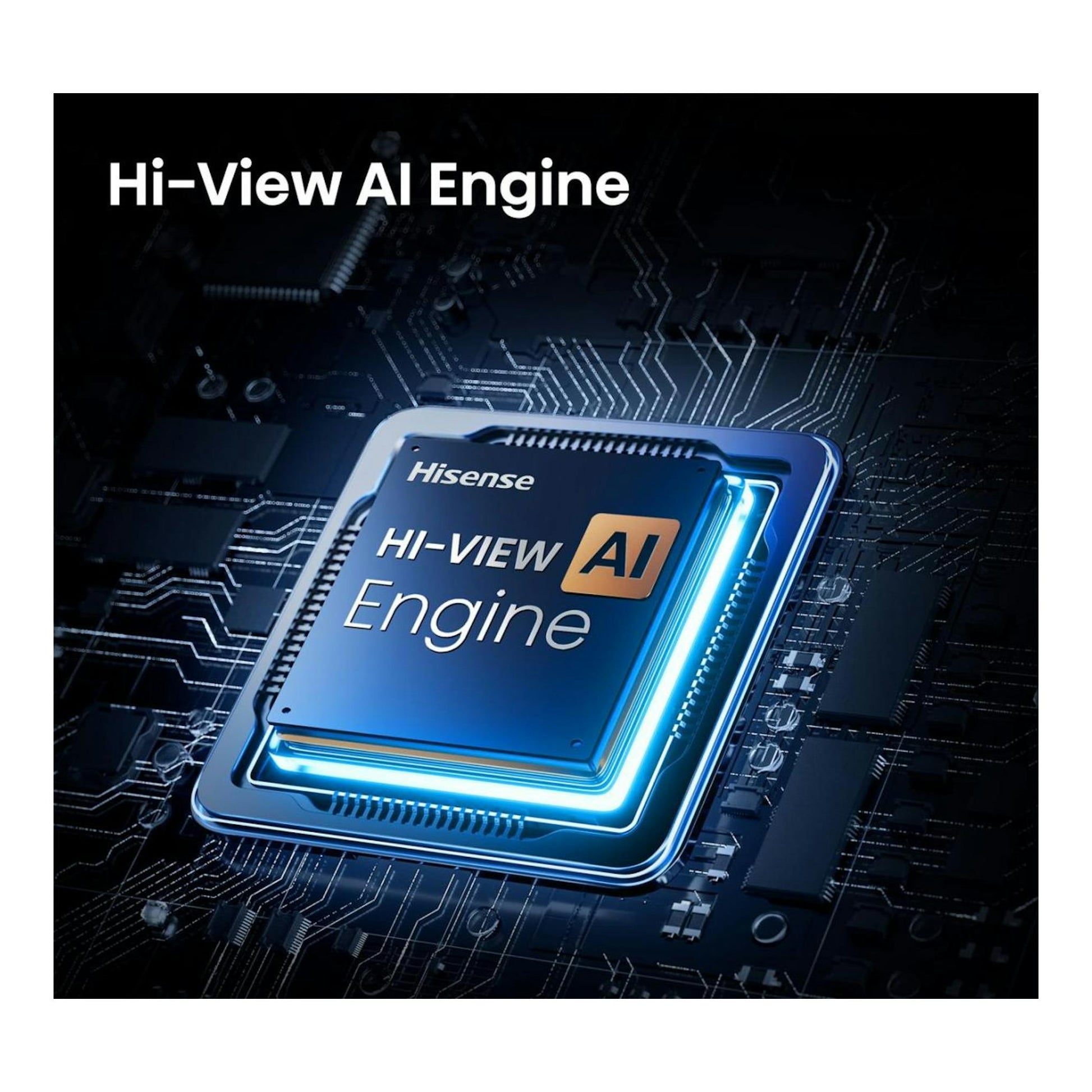 Ilustración del chip Hisense Hi-View AI Engine sobre placa electrónica, vista frontal.