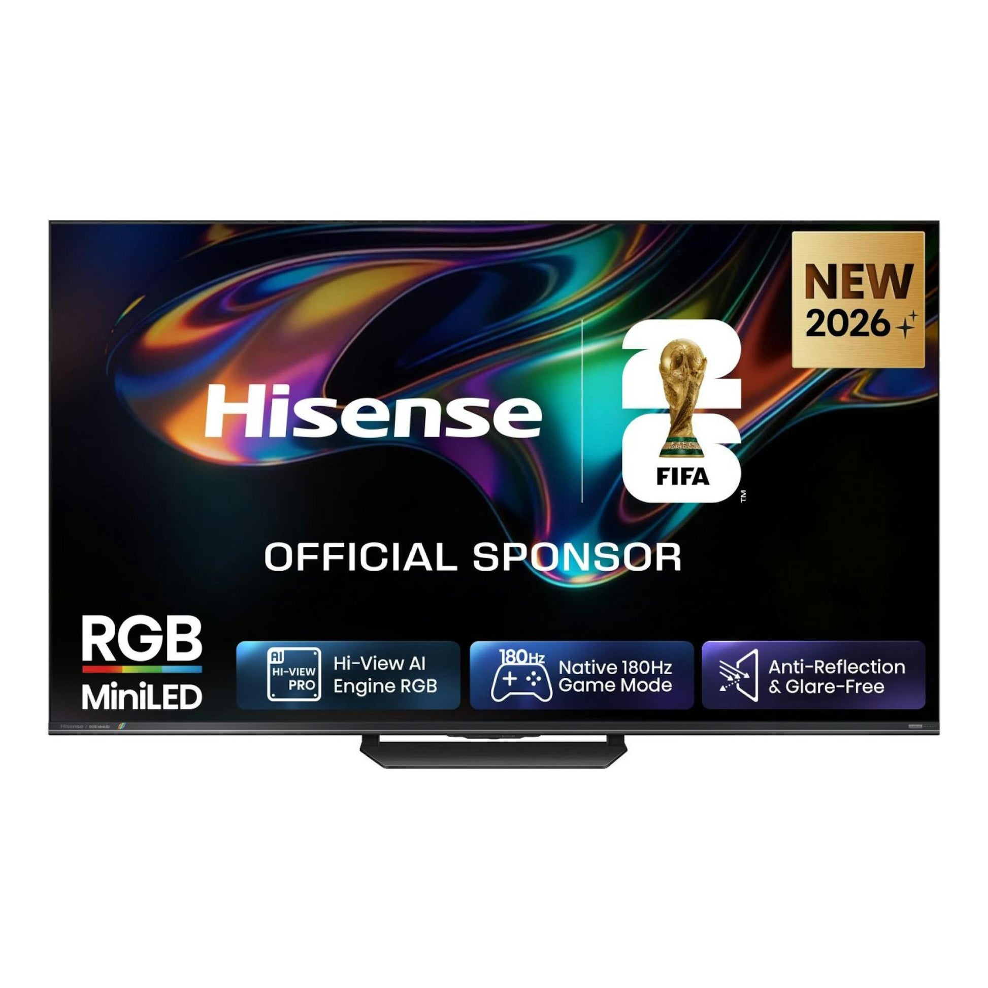 Televisor Hisense 55UR8S en vista frontal, con pantalla negra y gráficos RGB MiniLED, sobre base central.