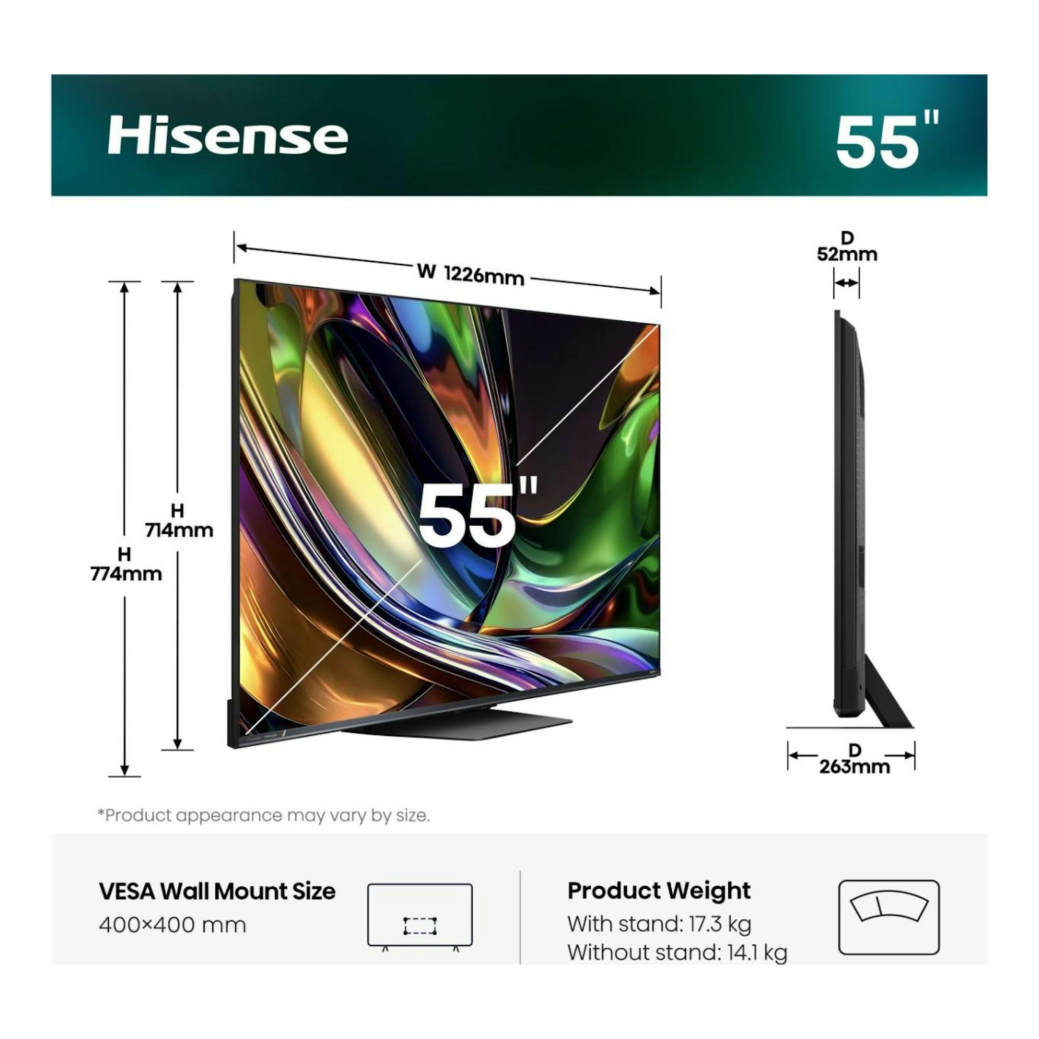 Televisor Hisense 55UR8S de 55 pulgadas, vista frontal y lateral, en color negro, con medidas.