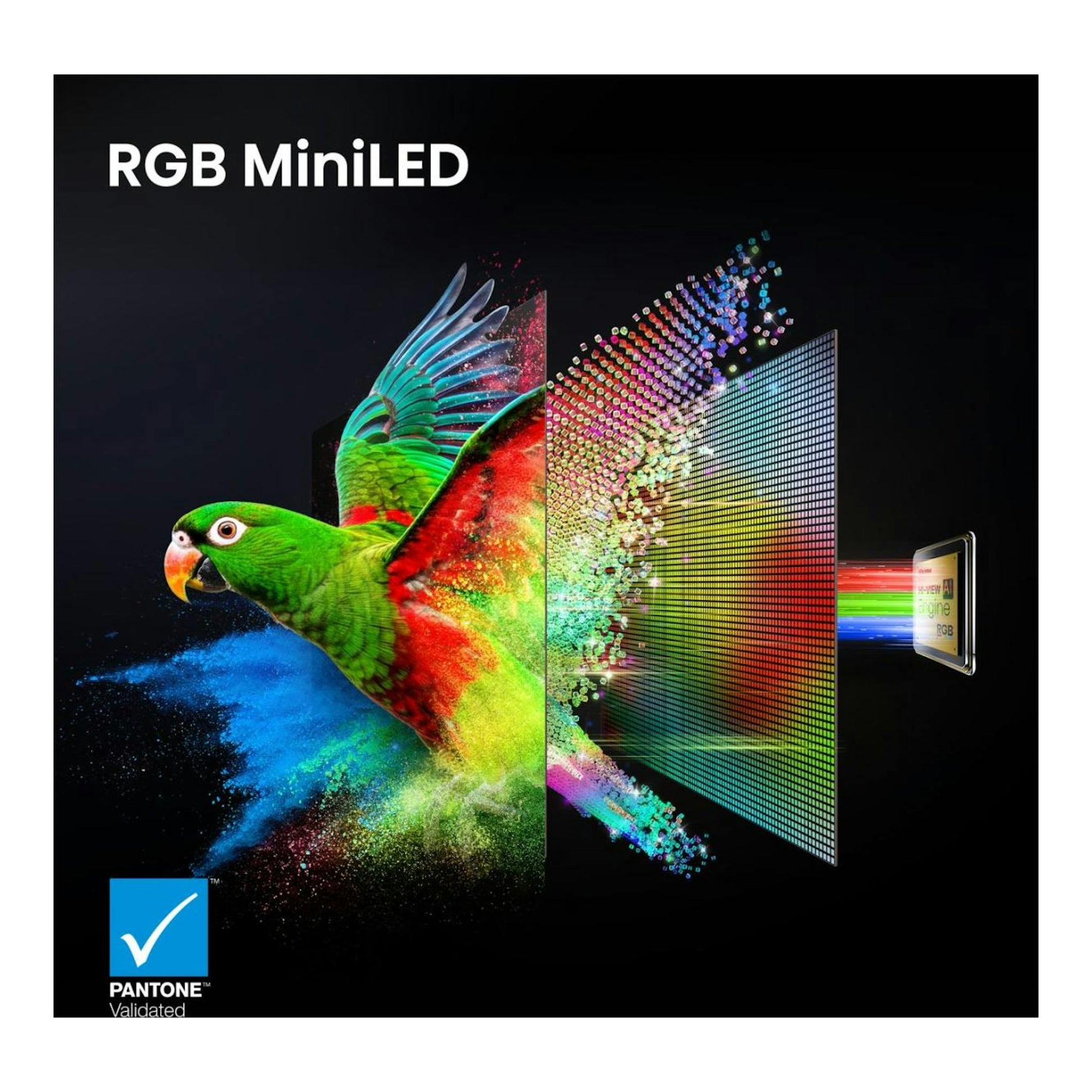Hisense 65UR8S, gráfico frontal de TV RGB MiniLED con loro multicolor y panel de píxeles sobre fondo negro.