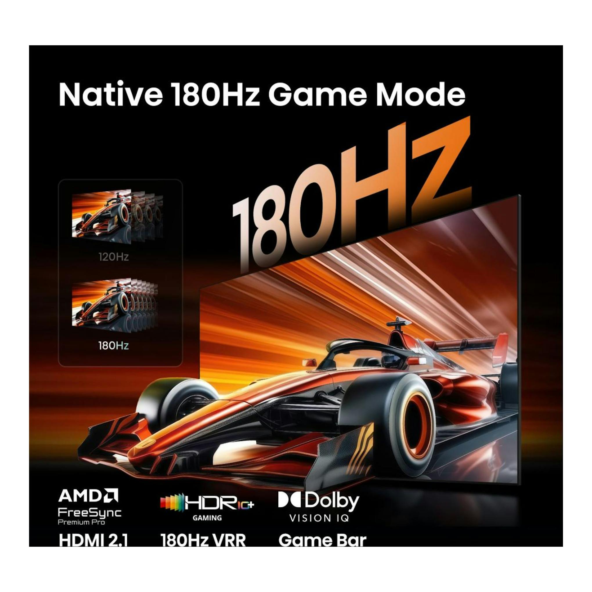 Imagen promocional frontal de TV Hisense 55UR8S en negro, con coche de F1 y texto “Native 180Hz Game Mode”.