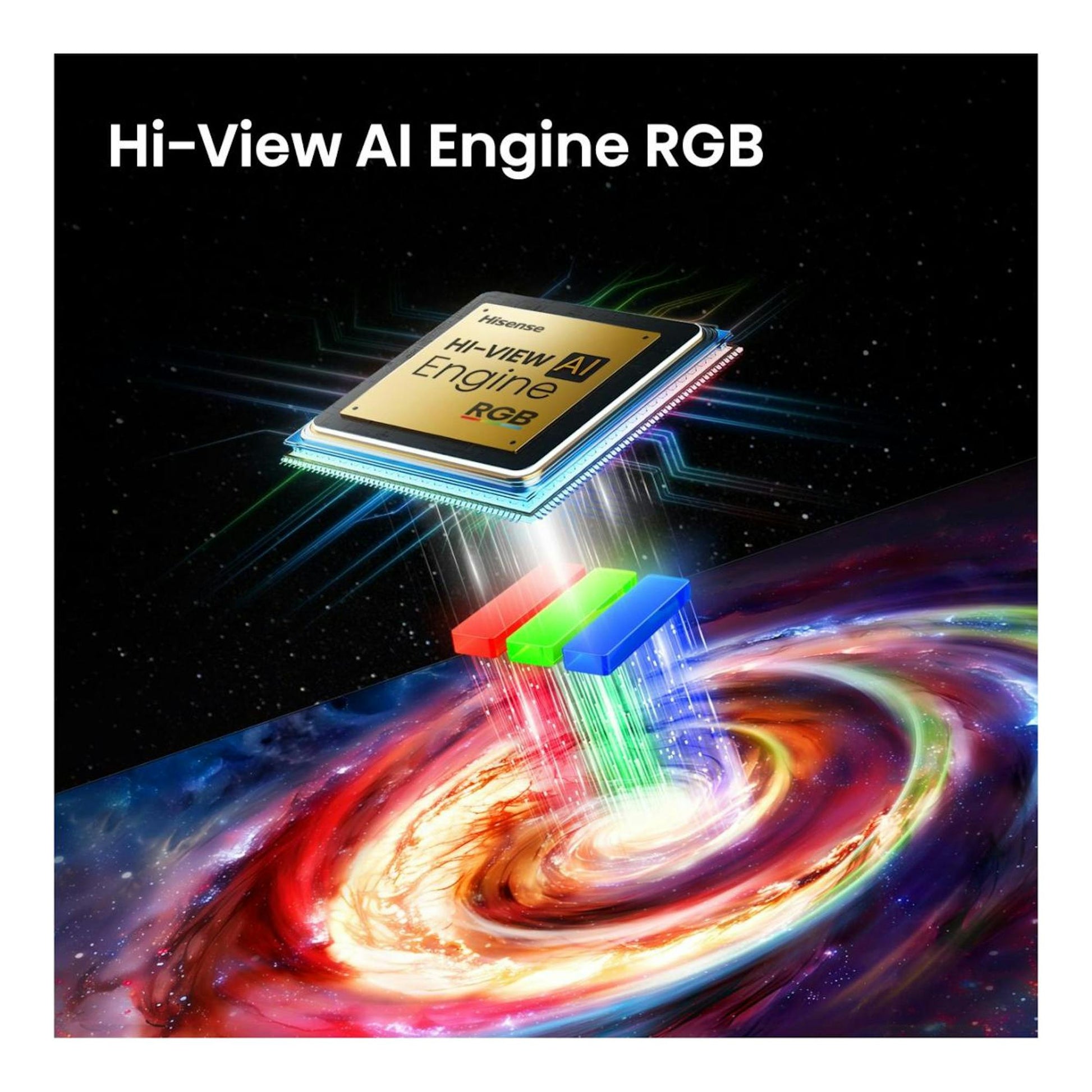 Gráfico promocional de Hisense Hi-View AI Engine RGB: chip con haces RGB sobre fondo espacial.