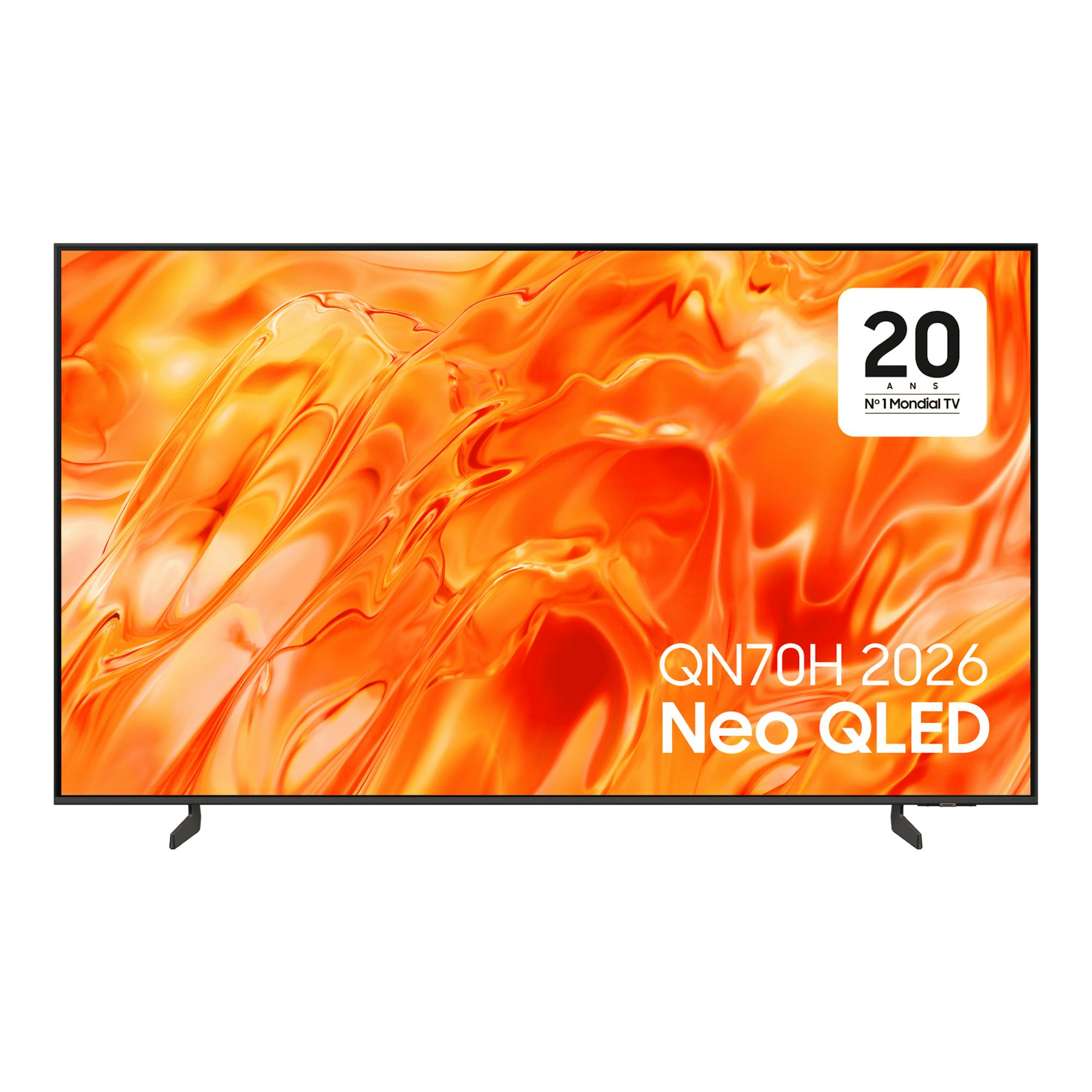 Samsung Neo QLED QN70H 2026, televisor frontal negro con pantalla naranja abstracta y patas inferiores.