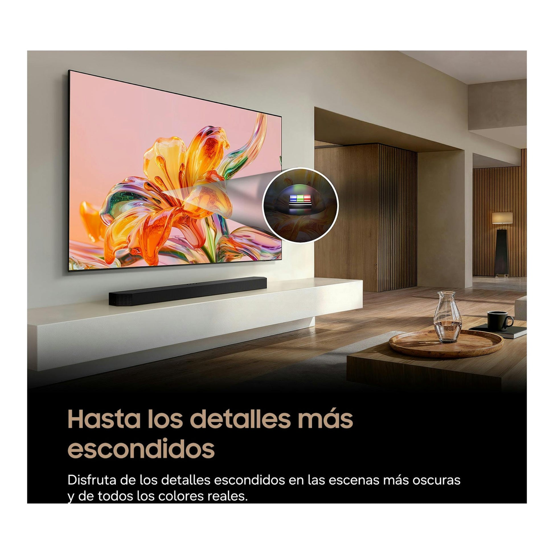 Samsung TQ55QN70HAUXXC, TV Neo QLED 4K de pared, vista frontal inclinada, con imagen abstracta colorida.