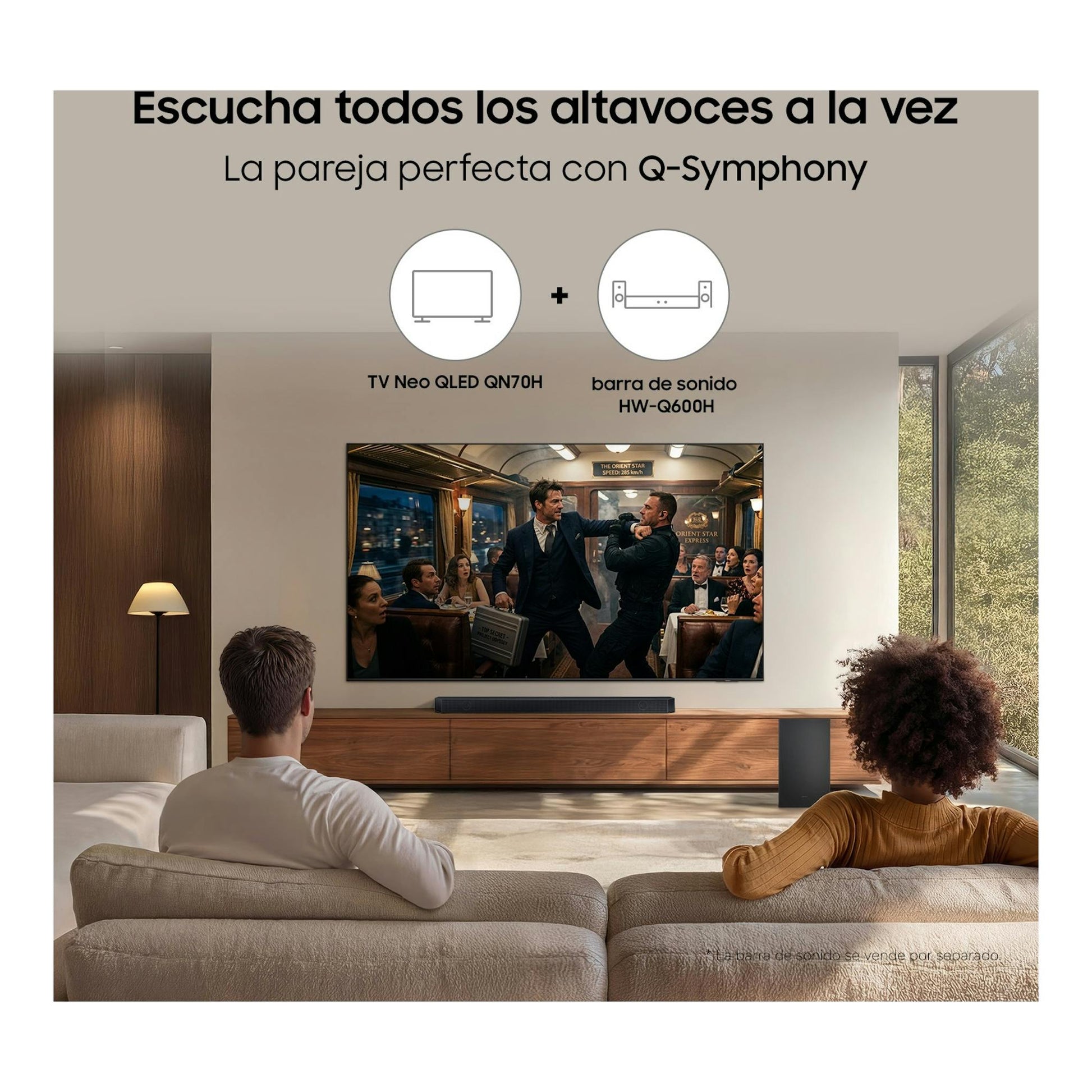 Samsung TV Neo QLED QN70H con barra de sonido HW-Q600H en salón, vista frontal.