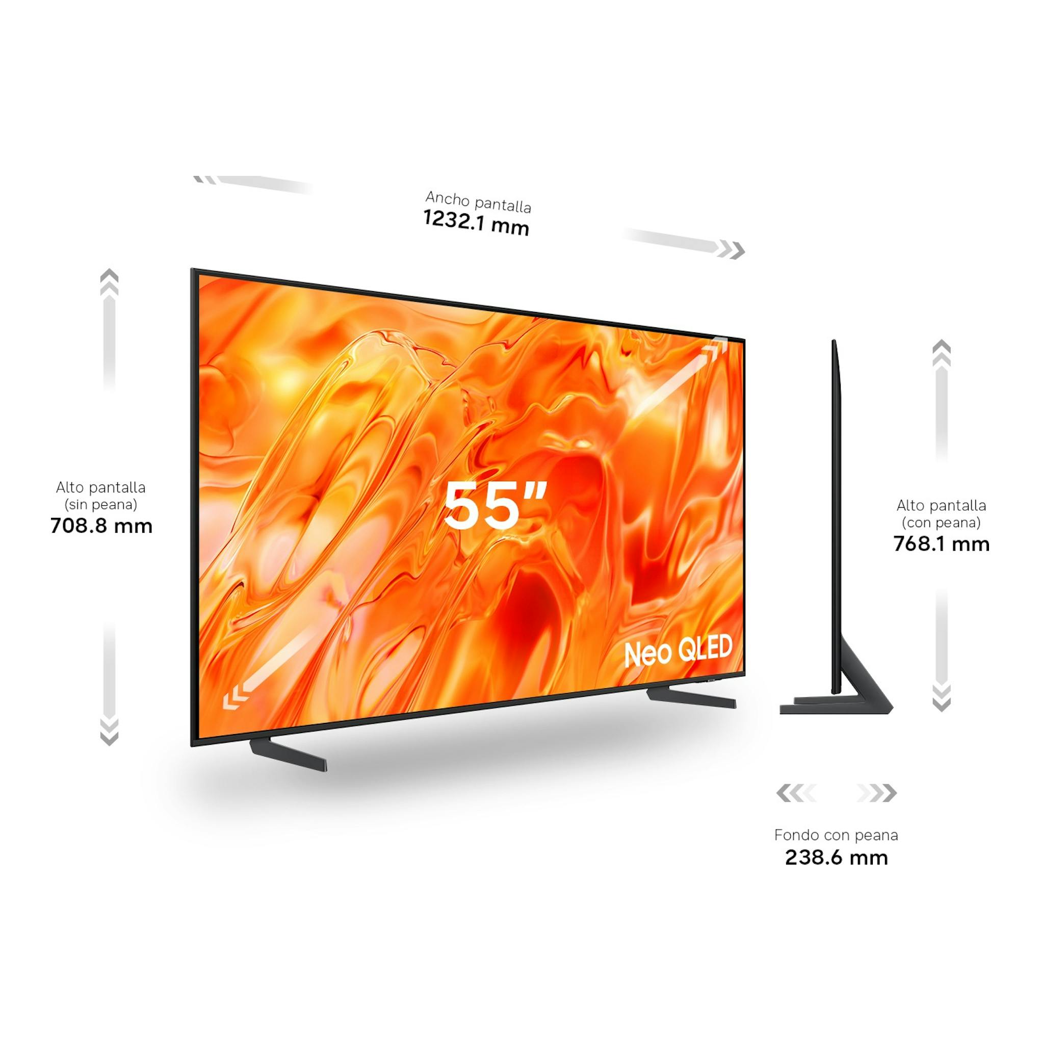 TV Samsung Neo QLED 55" en vista frontal y lateral, con base negra y fondo blanco; se muestran sus dimensiones.