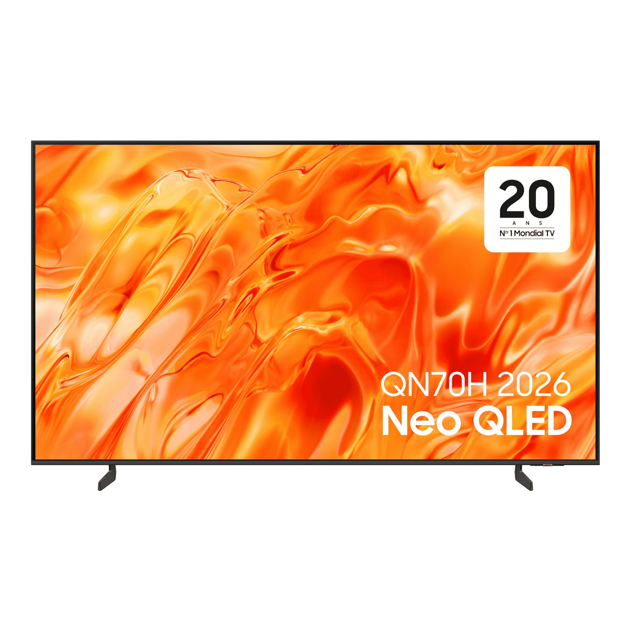 Televisor Samsung TQ65QN70HAUXXC Neo QLED 4K, vista frontal, pantalla con fondo naranja y dos patas.