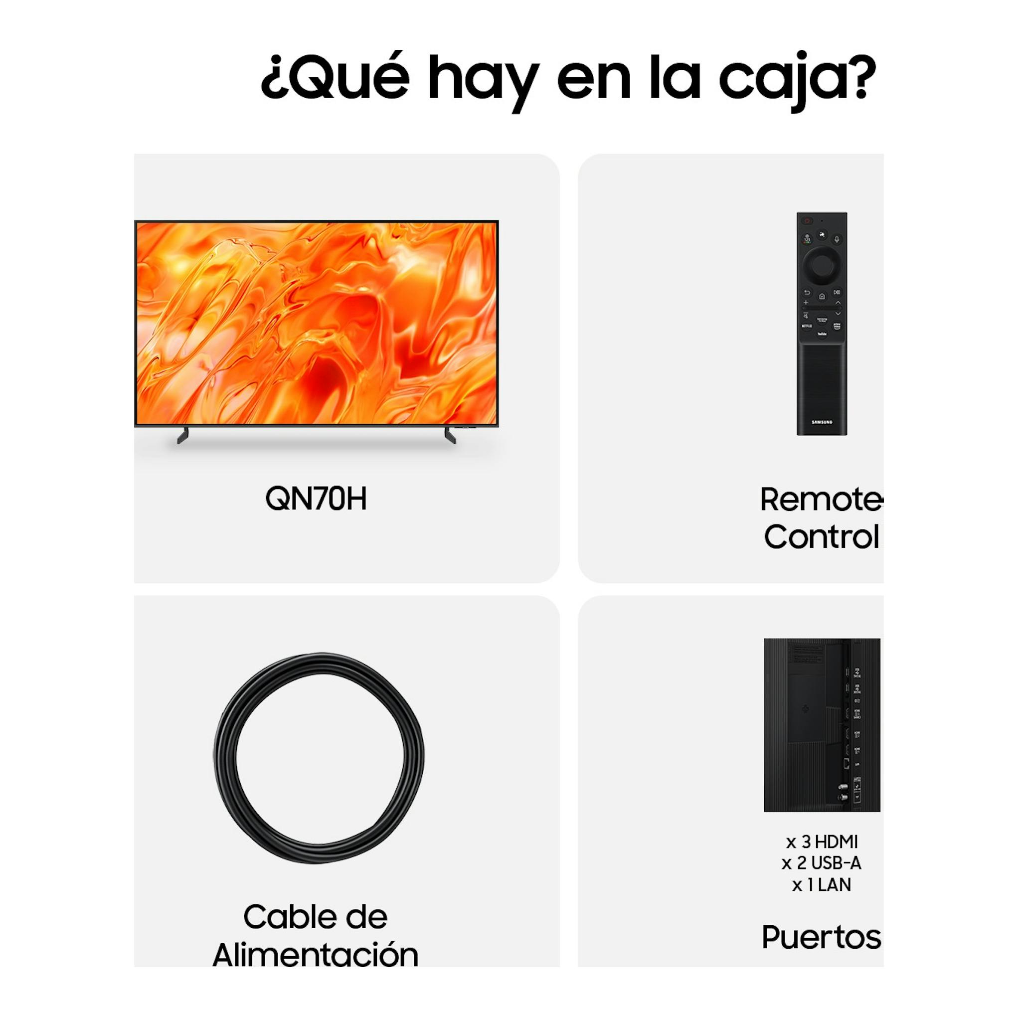 Samsung QN70H: infografía con TV, mando a distancia, cable de alimentación y puertos.