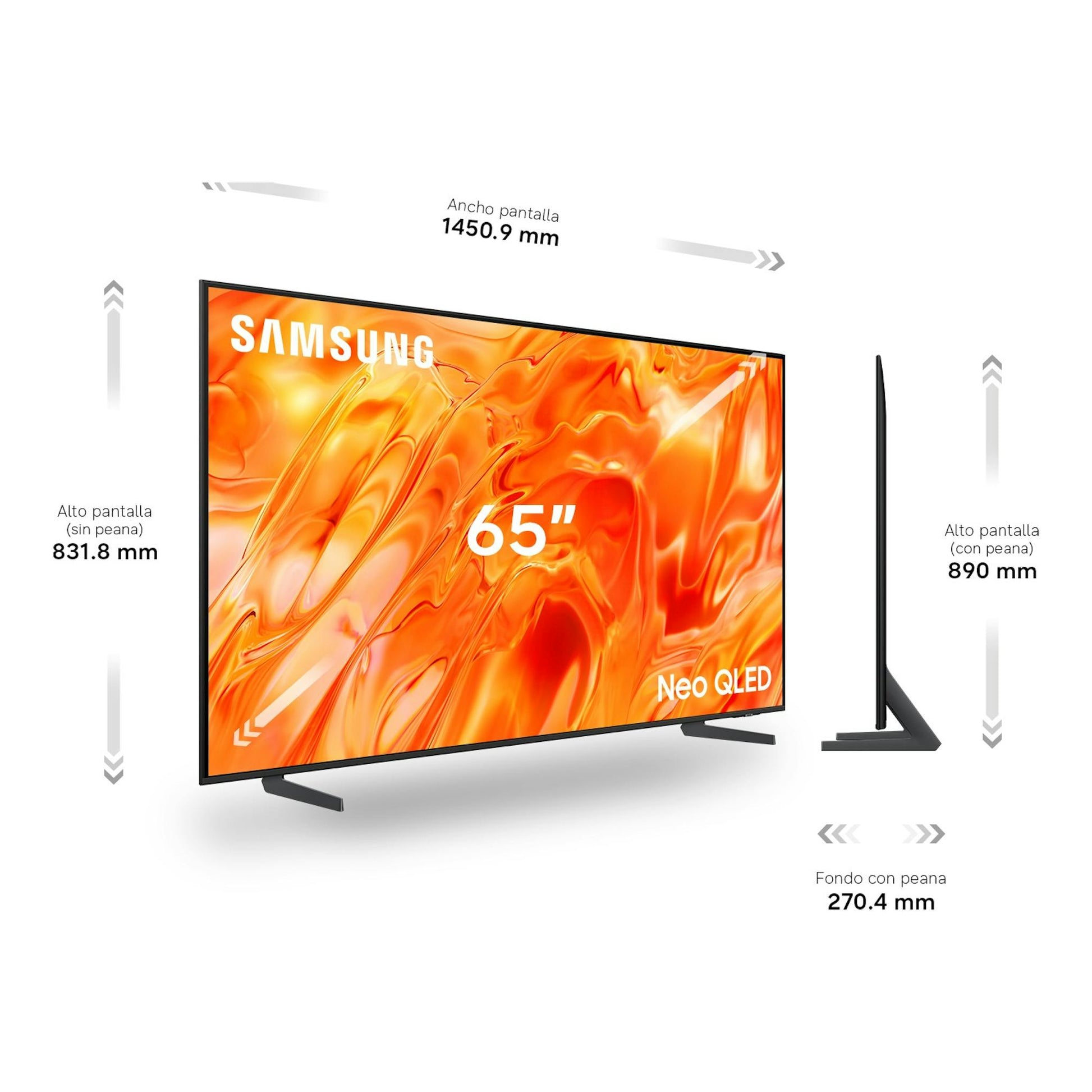 Televisor Samsung Neo QLED de 65" en vista frontal y lateral, con peana y medidas indicadas.