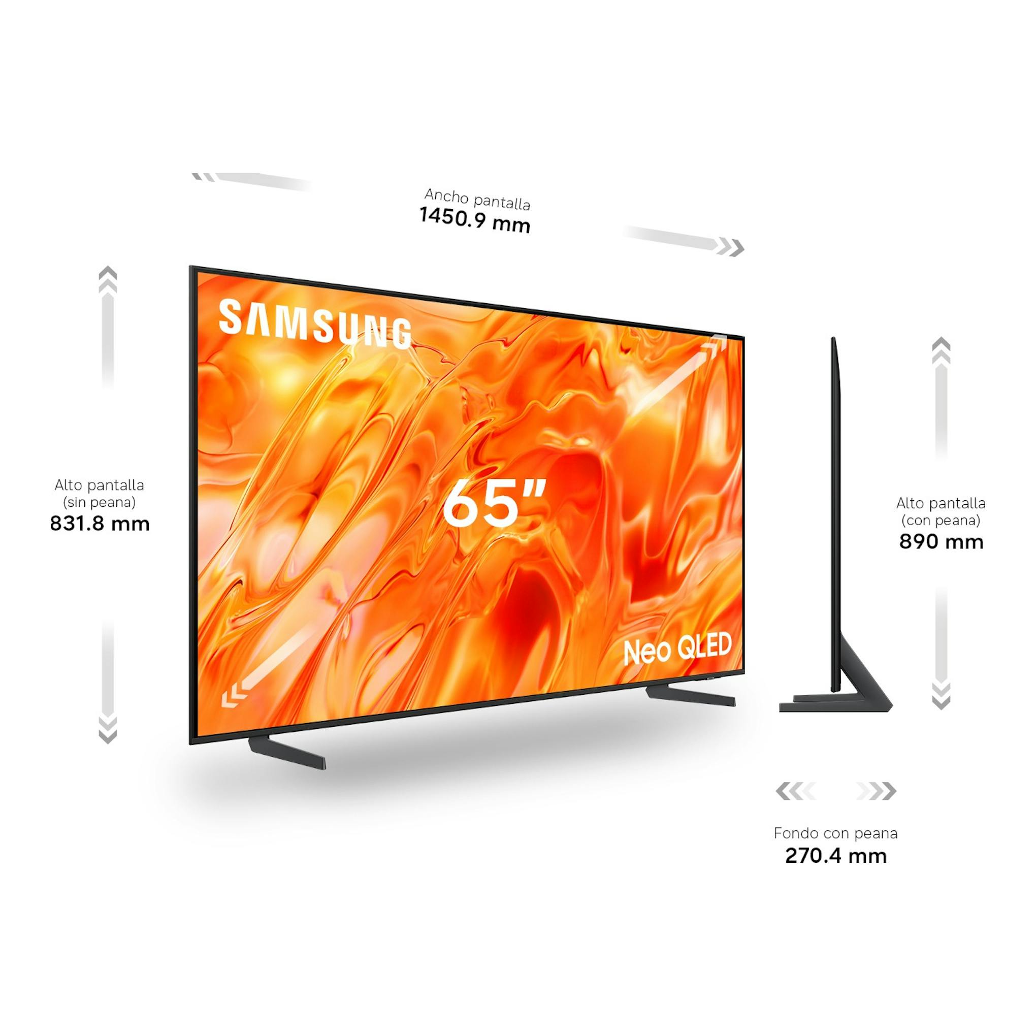 Televisor Samsung Neo QLED de 65" en vista frontal y lateral, con peana y medidas indicadas.