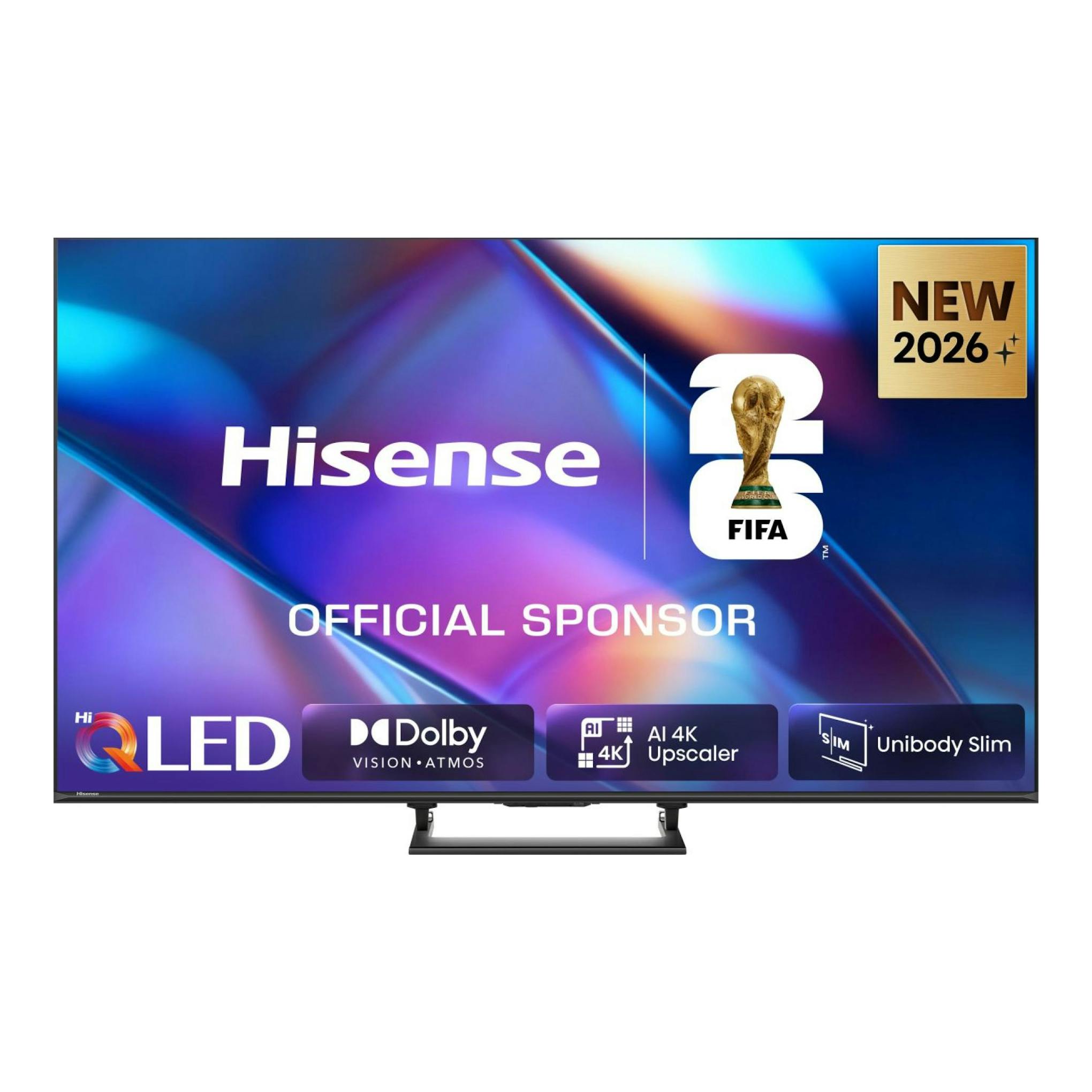 Televisor Hisense 50A7S QLED, vista frontal, con pantalla promocional FIFA 2026 y soporte central.