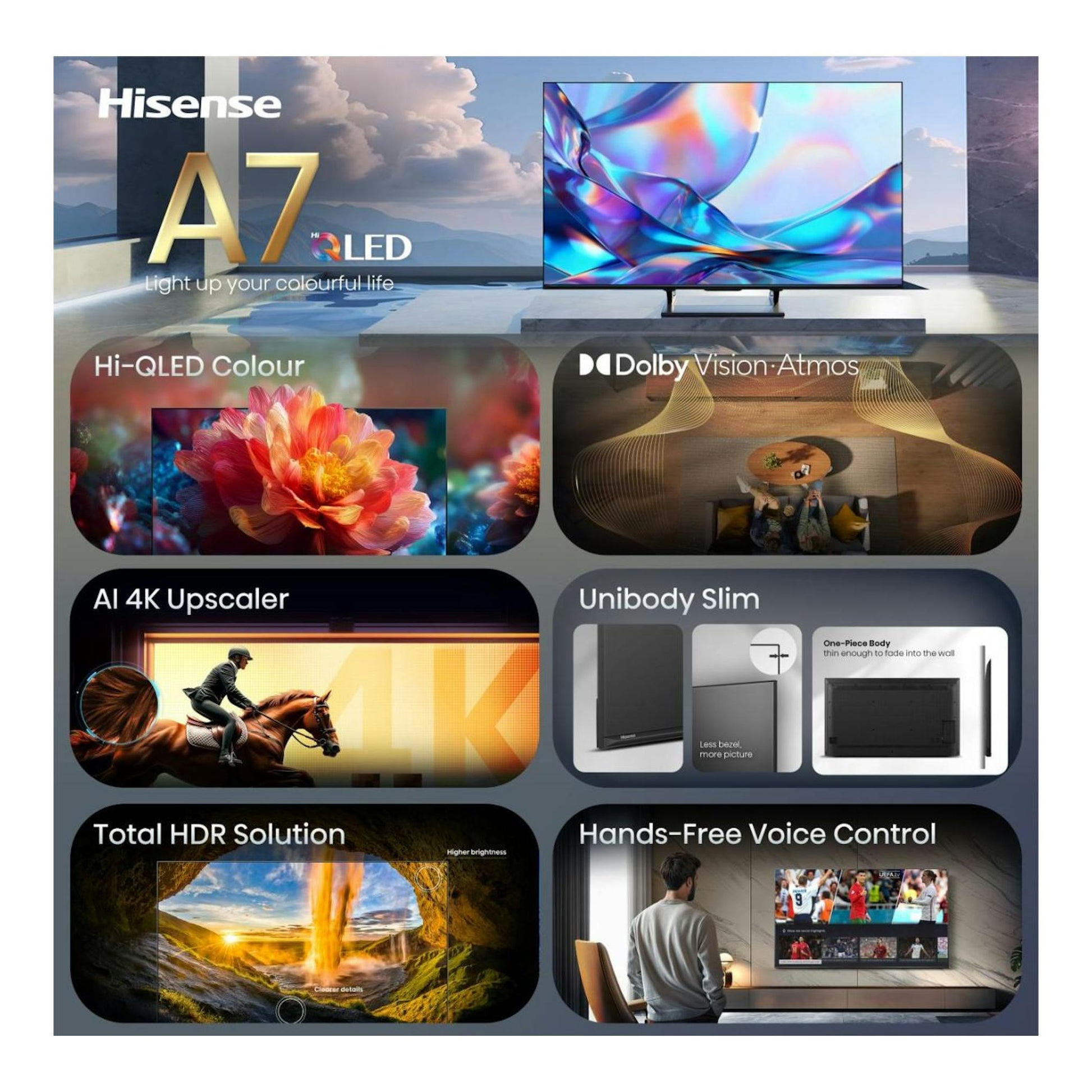 Cartel promocional de TV Hisense A7 QLED, vista frontal, con pantalla 4K y menciones a Dolby Vision.