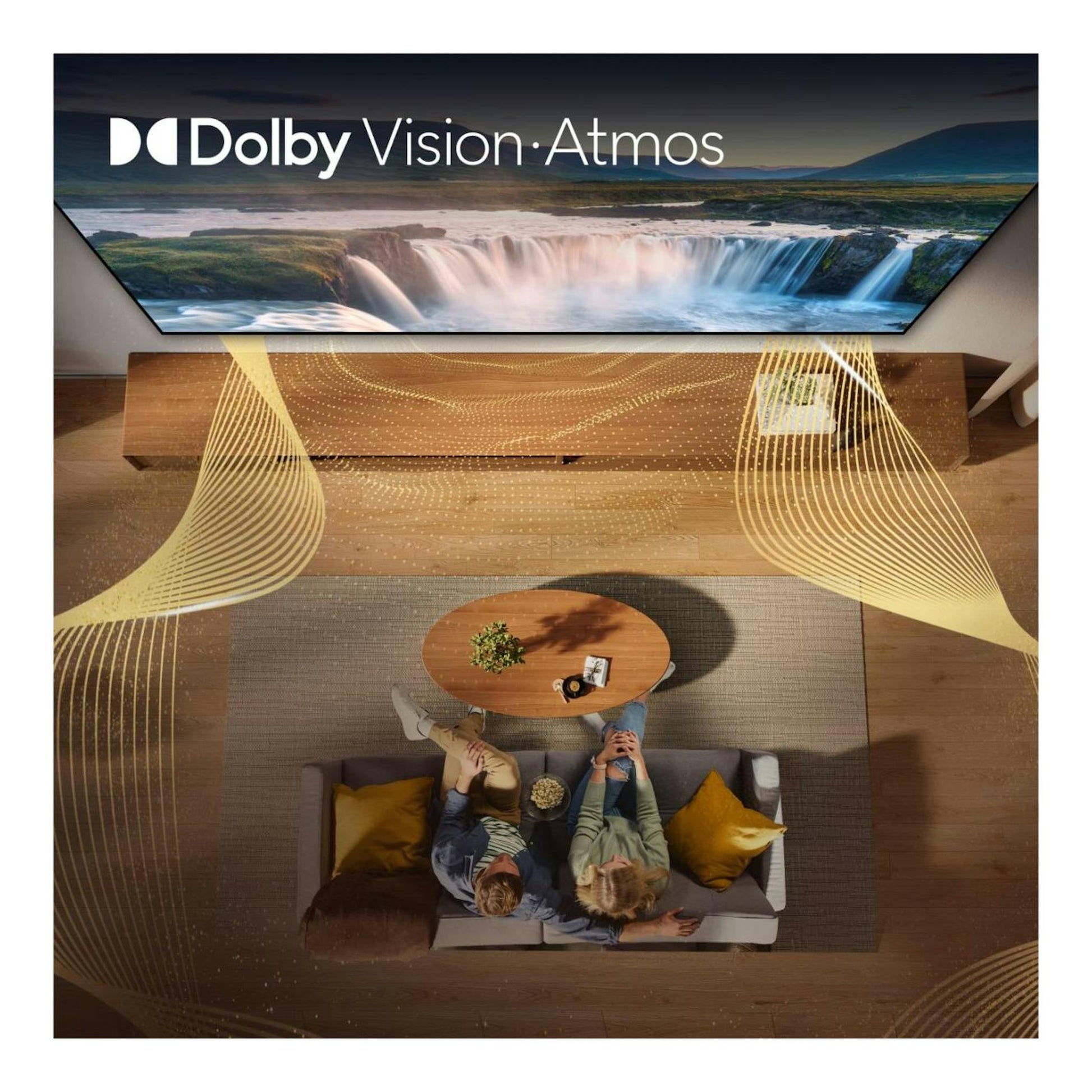 Televisor Hisense 50A7S QLED 4K, vista frontal inclinada, con imagen de cascada y Dolby Vision Atmos.