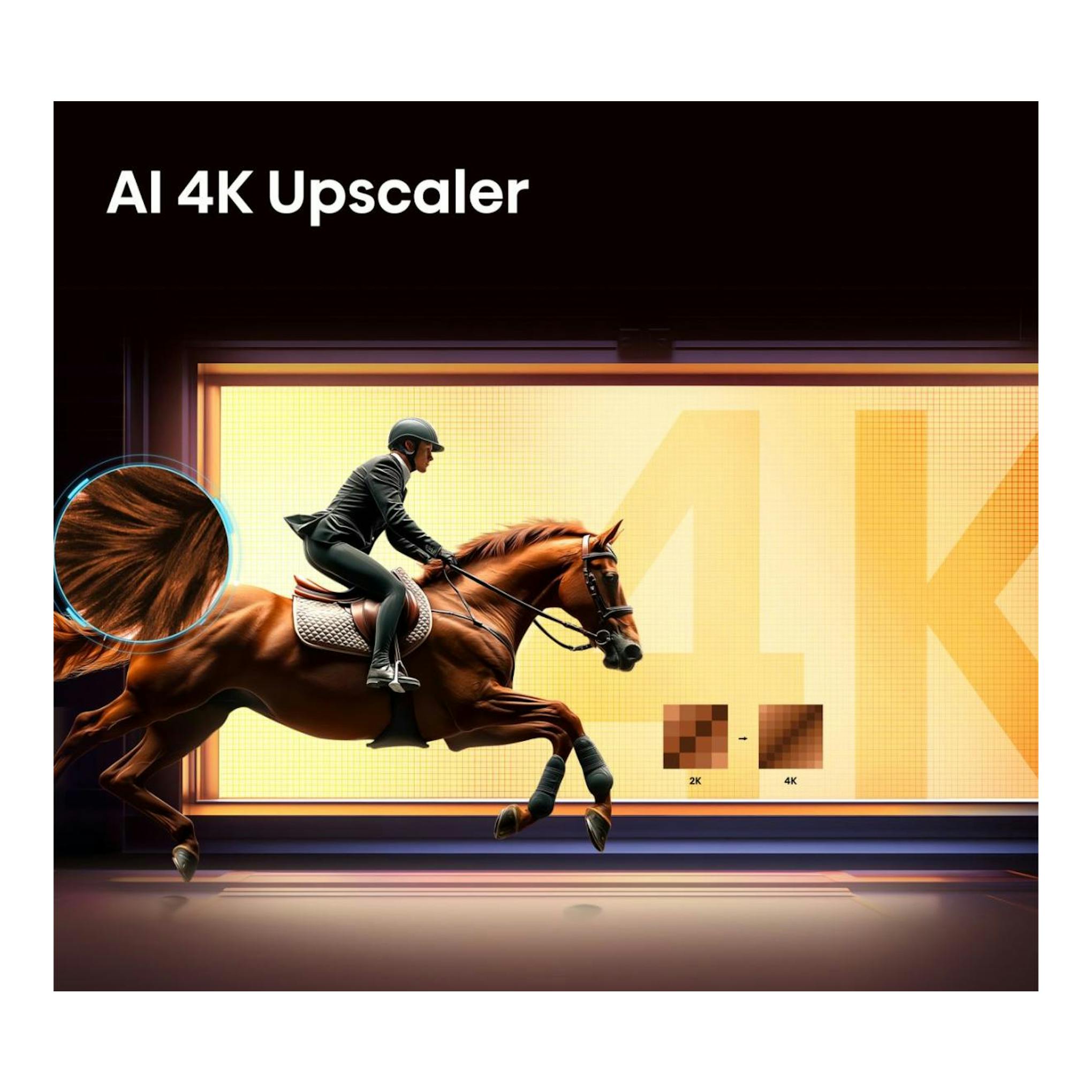 Imagen promocional de Hisense 50A7S con texto AI 4K Upscaler, jinete a caballo y comparación 2K a 4K.