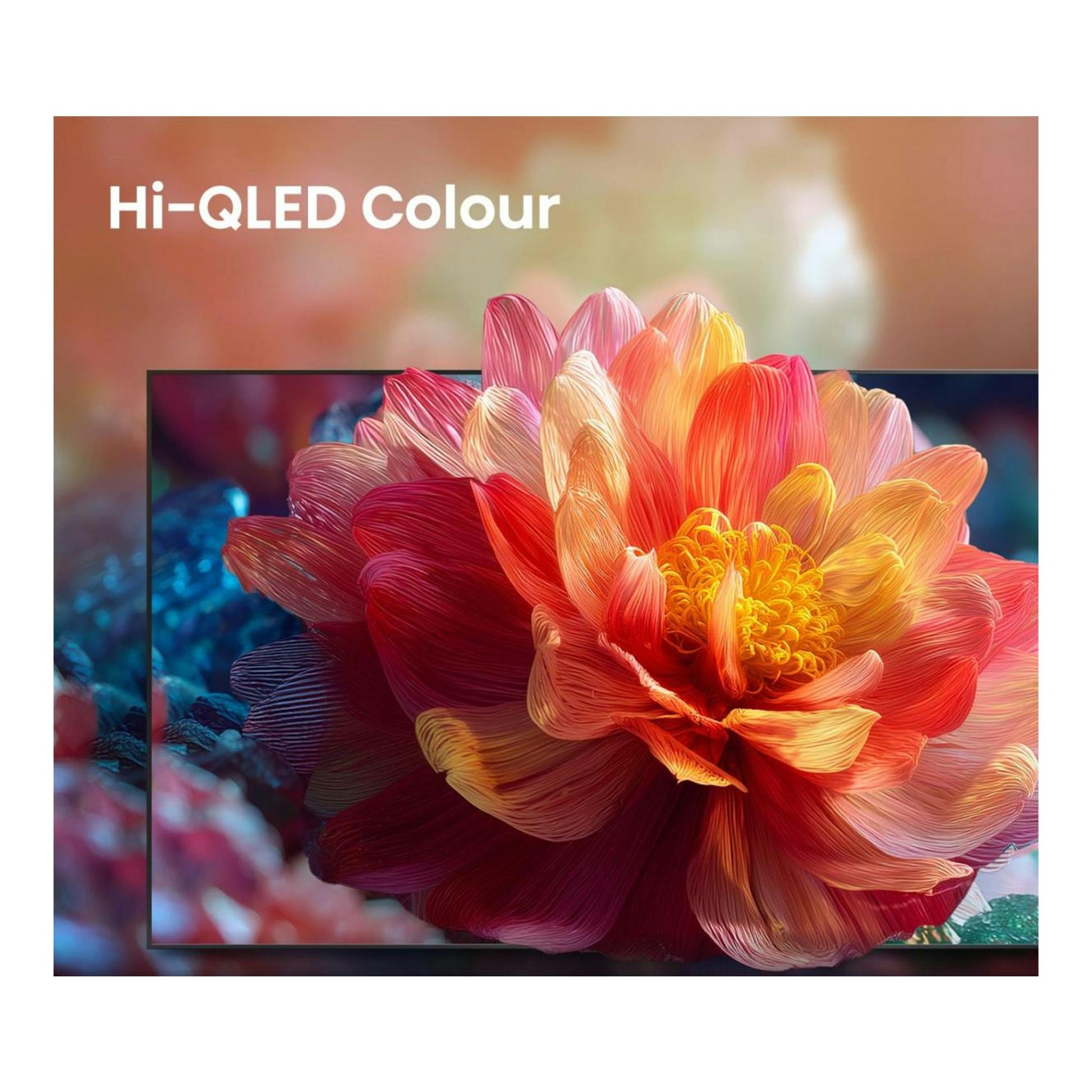 Televisor Hisense 55A7S en vista frontal con flor multicolor y texto Hi-QLED Colour.