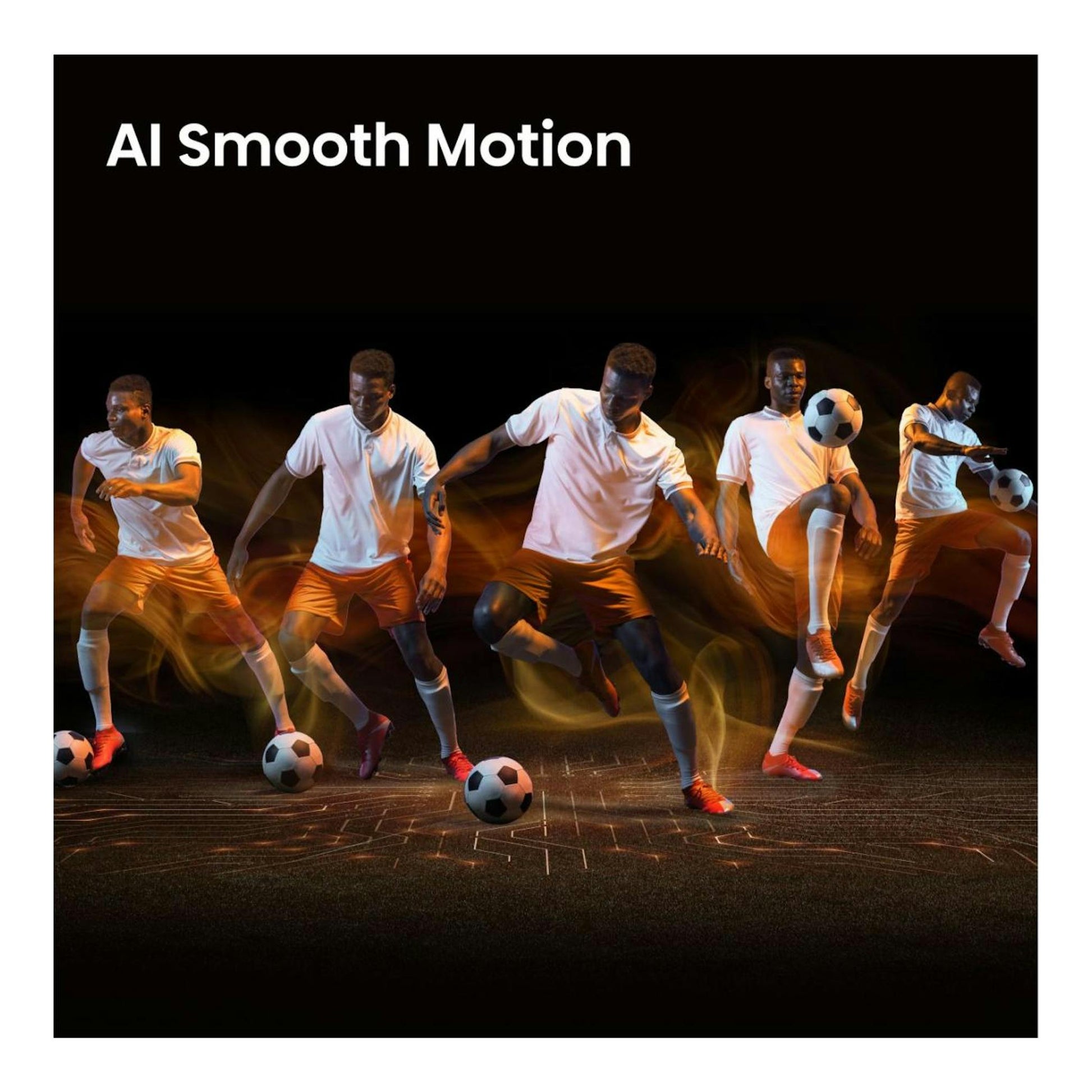 Hisense 65A7S: imagen promocional de futbolista en secuencia de movimiento sobre fondo negro con texto AI Smooth Motion.