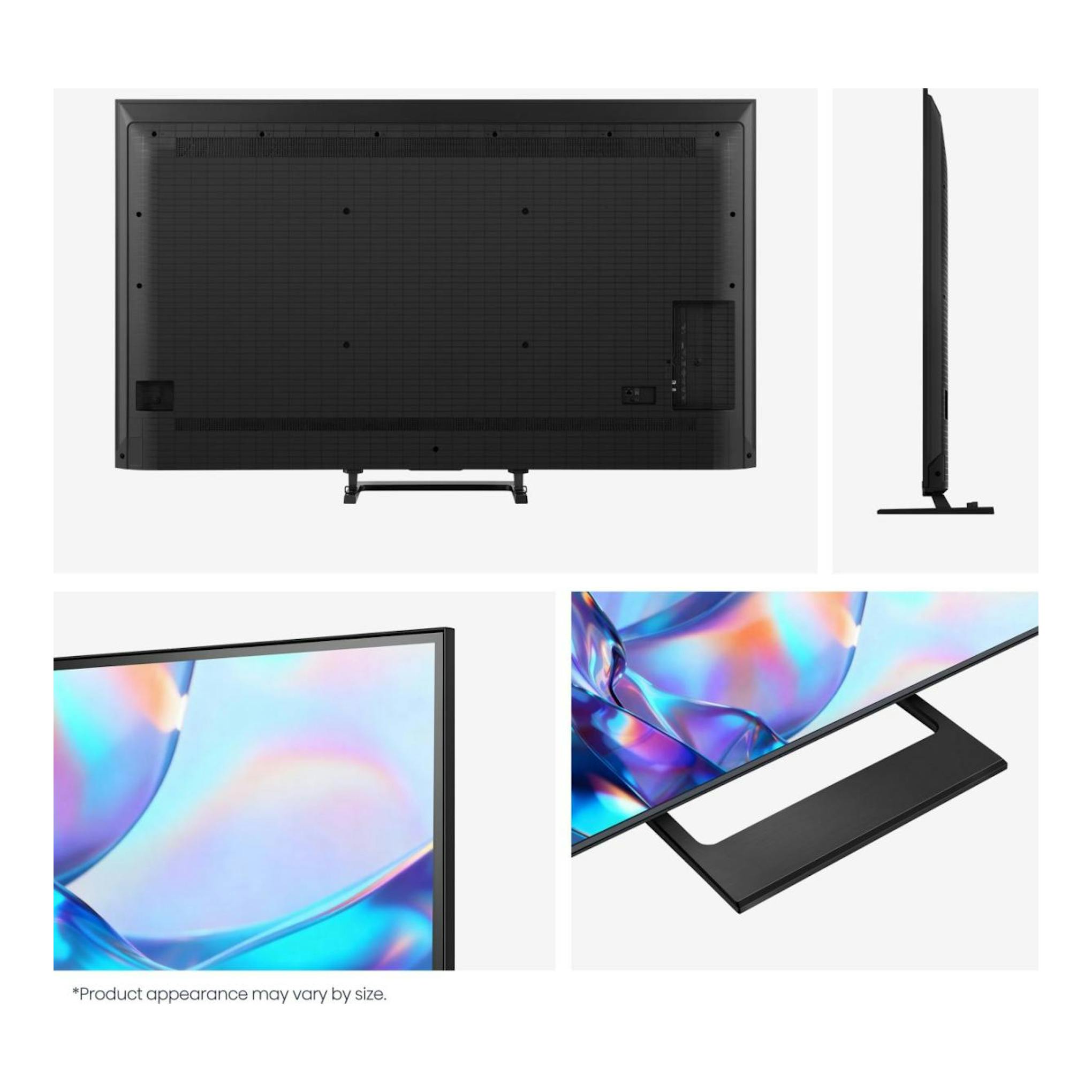 Hisense 50A7S: televisor QLED negro, vista trasera, lateral y frontal parcial con peana.
