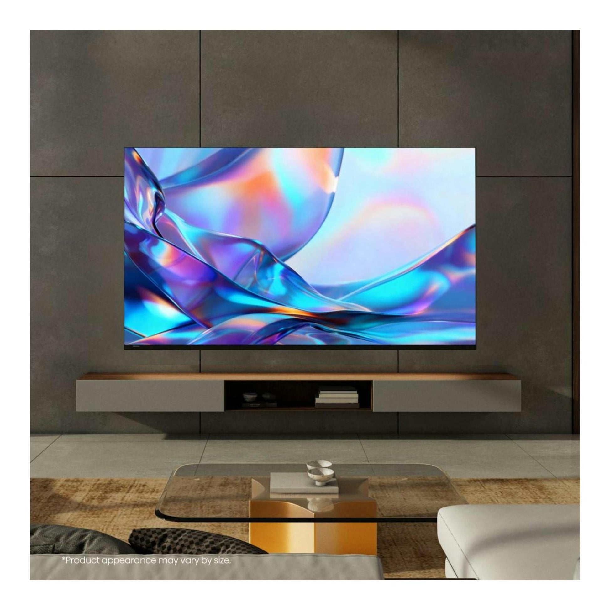 TV Hisense 65A7S QLED 4K montado en pared, vista frontal, con pantalla abstracta multicolor.