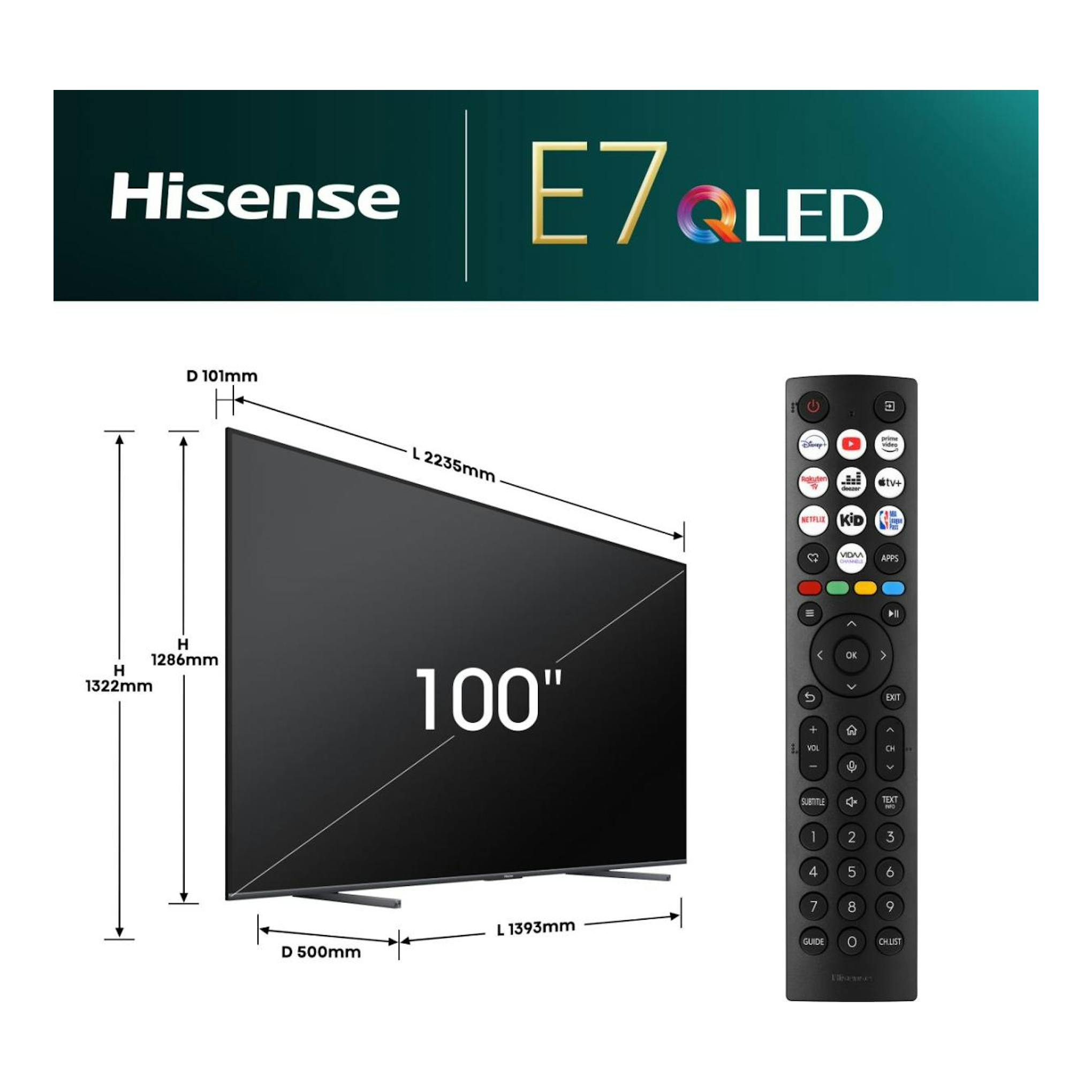 Hisense E7 QLED de 100 pulgadas, vista frontal con medidas y mando a distancia negro.