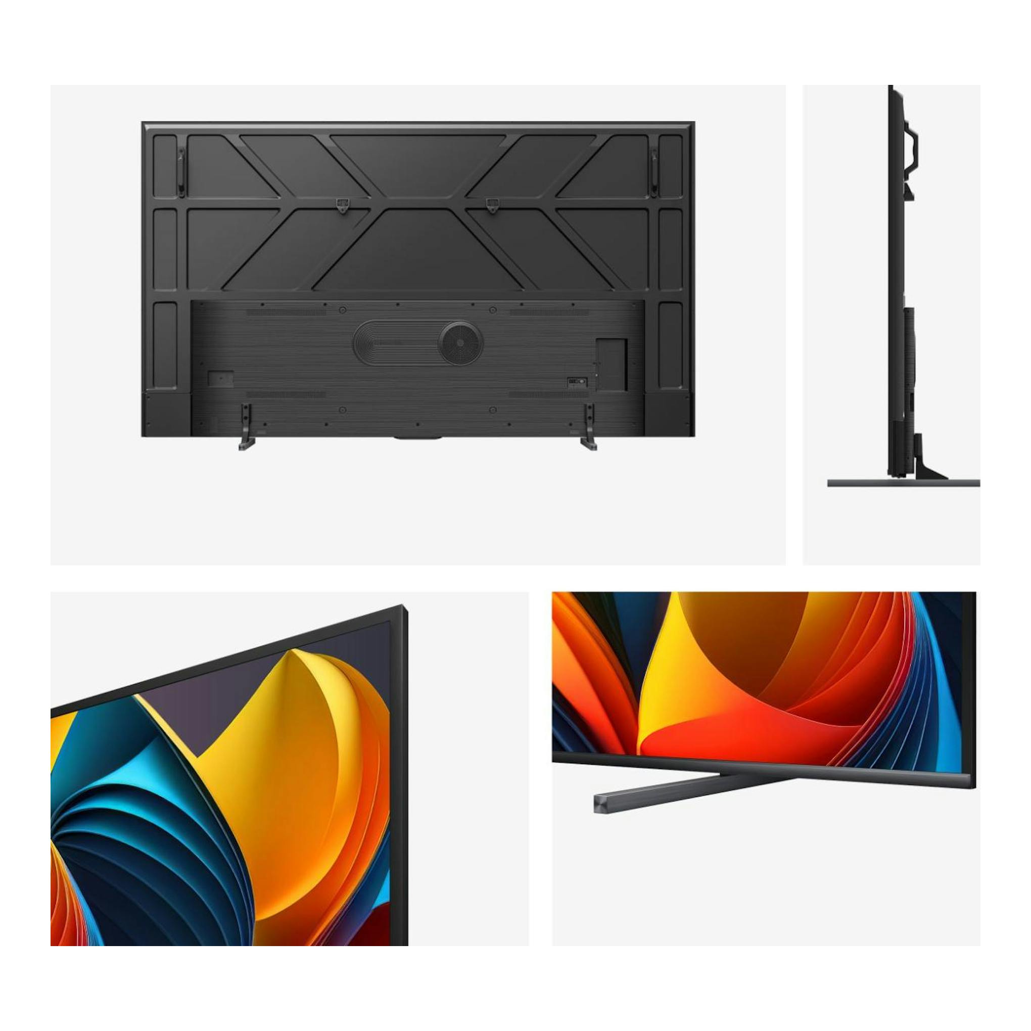 Hisense 100E7NQ, televisor QLED negro, vistas trasera, lateral y frontal con pantalla encendida.