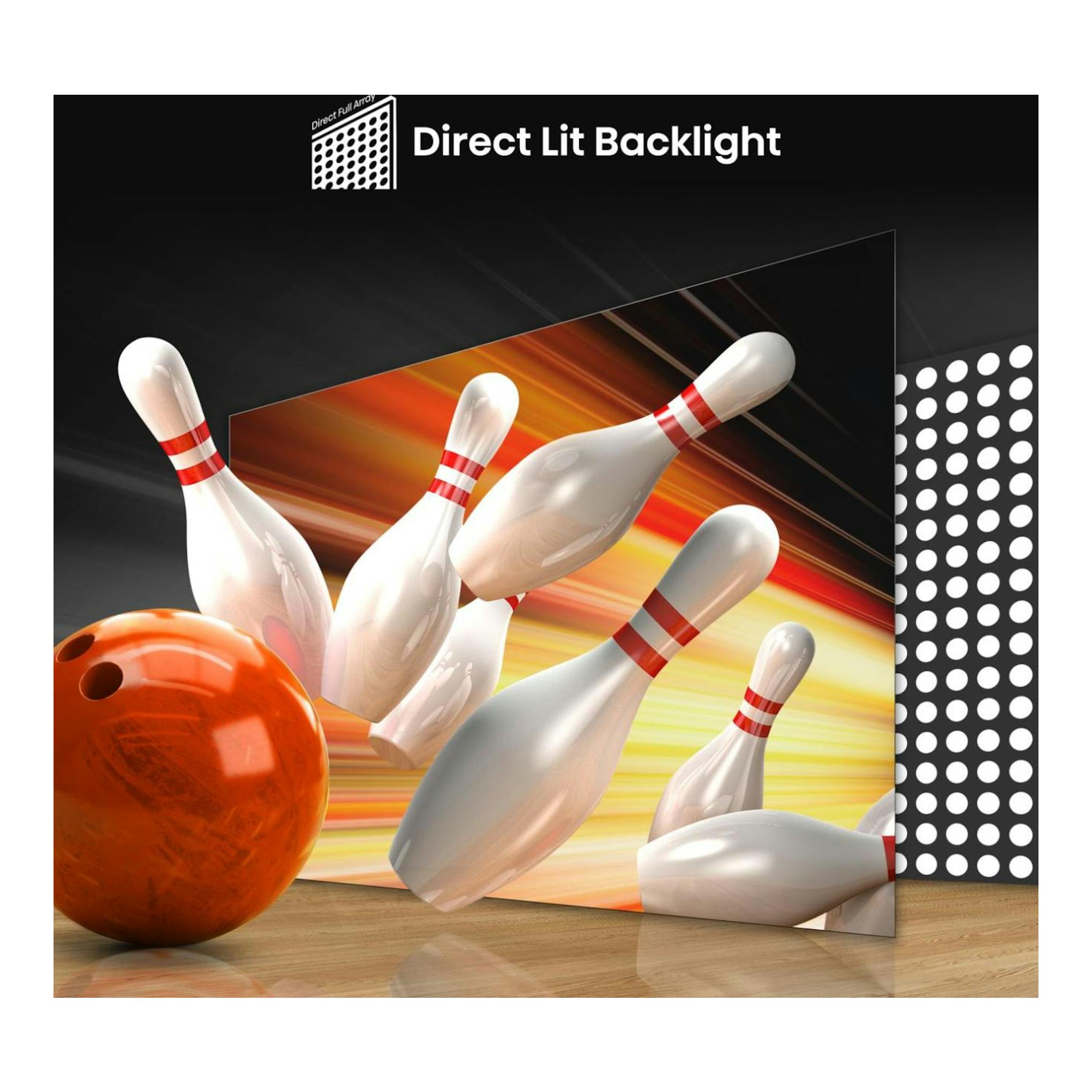 Ilustración promocional de Hisense 100E7NQ con bola de bolos y bolos, texto “Direct Lit Backlight”.