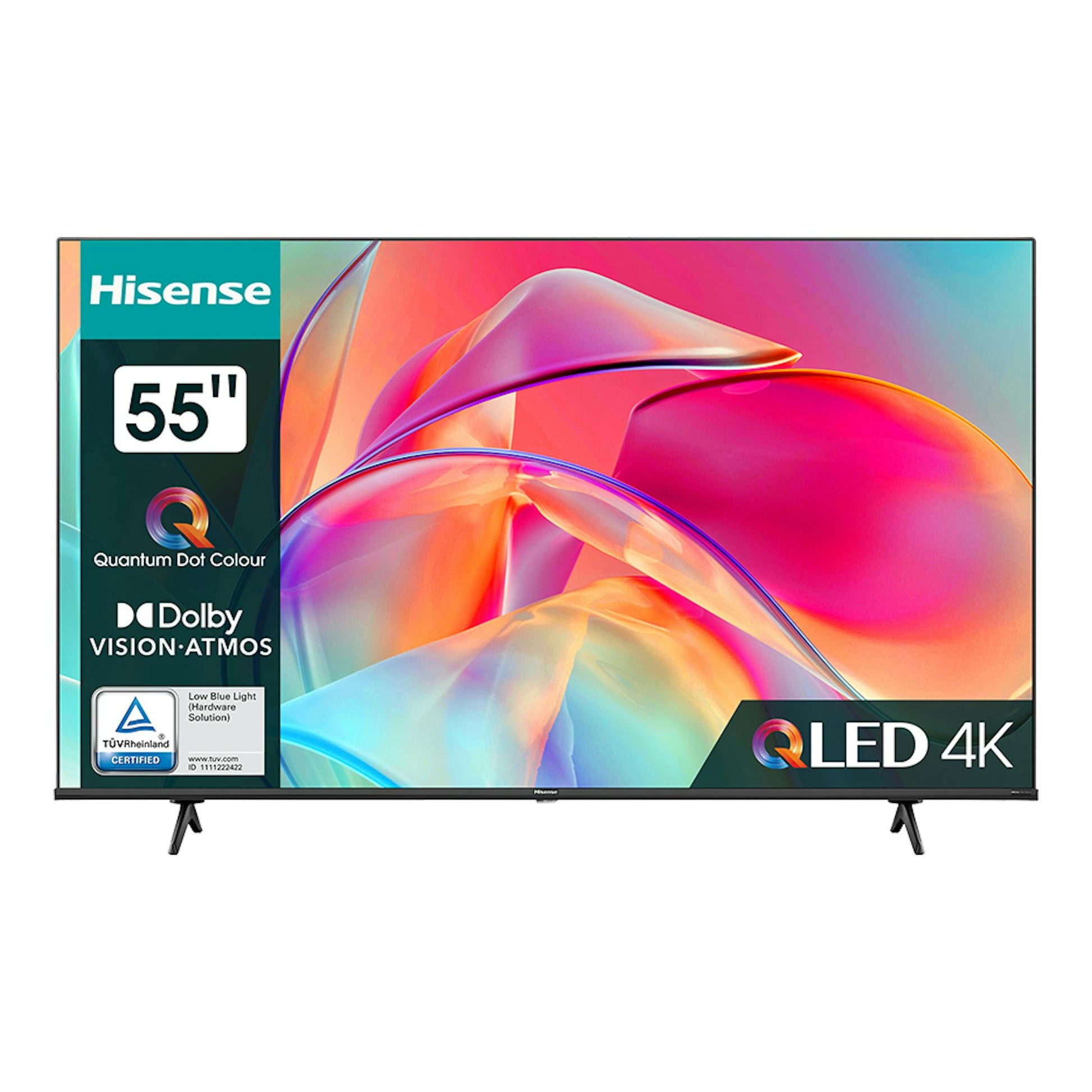 TV Hisense 55E77KQ de 55 pulgadas, vista frontal, marco negro, pantalla QLED 4K con imagen multicolor.