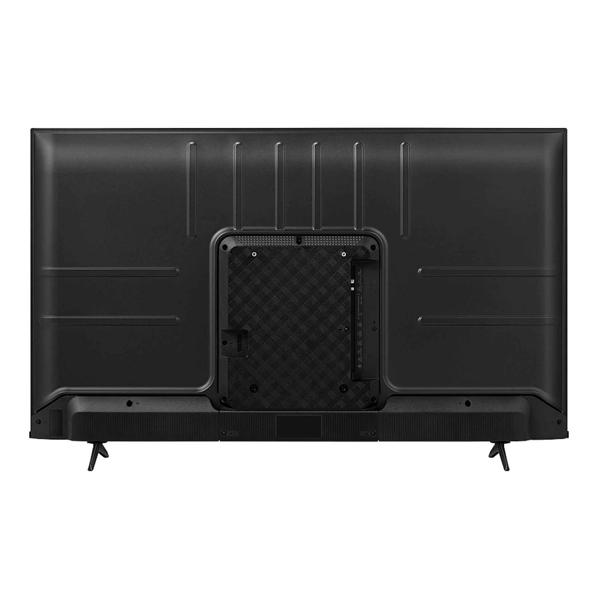 Televisor Hisense 55E77KQ negro, vista trasera, con patas y panel de conexiones central.