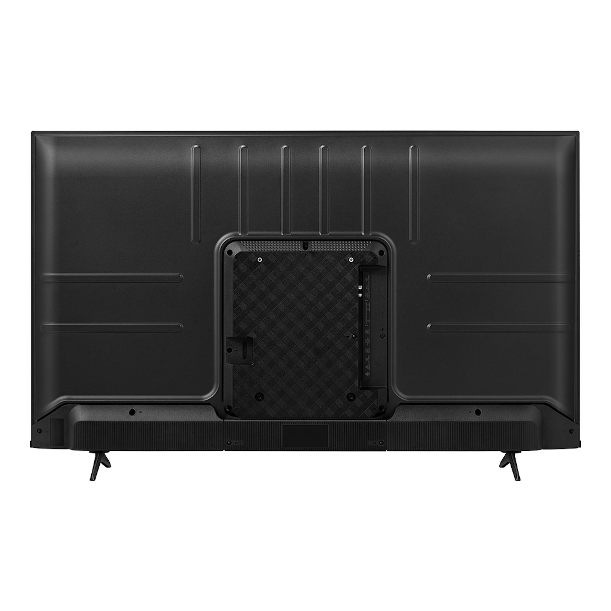Televisor Hisense 55E77KQ negro, vista trasera, con patas y panel de conexiones central.