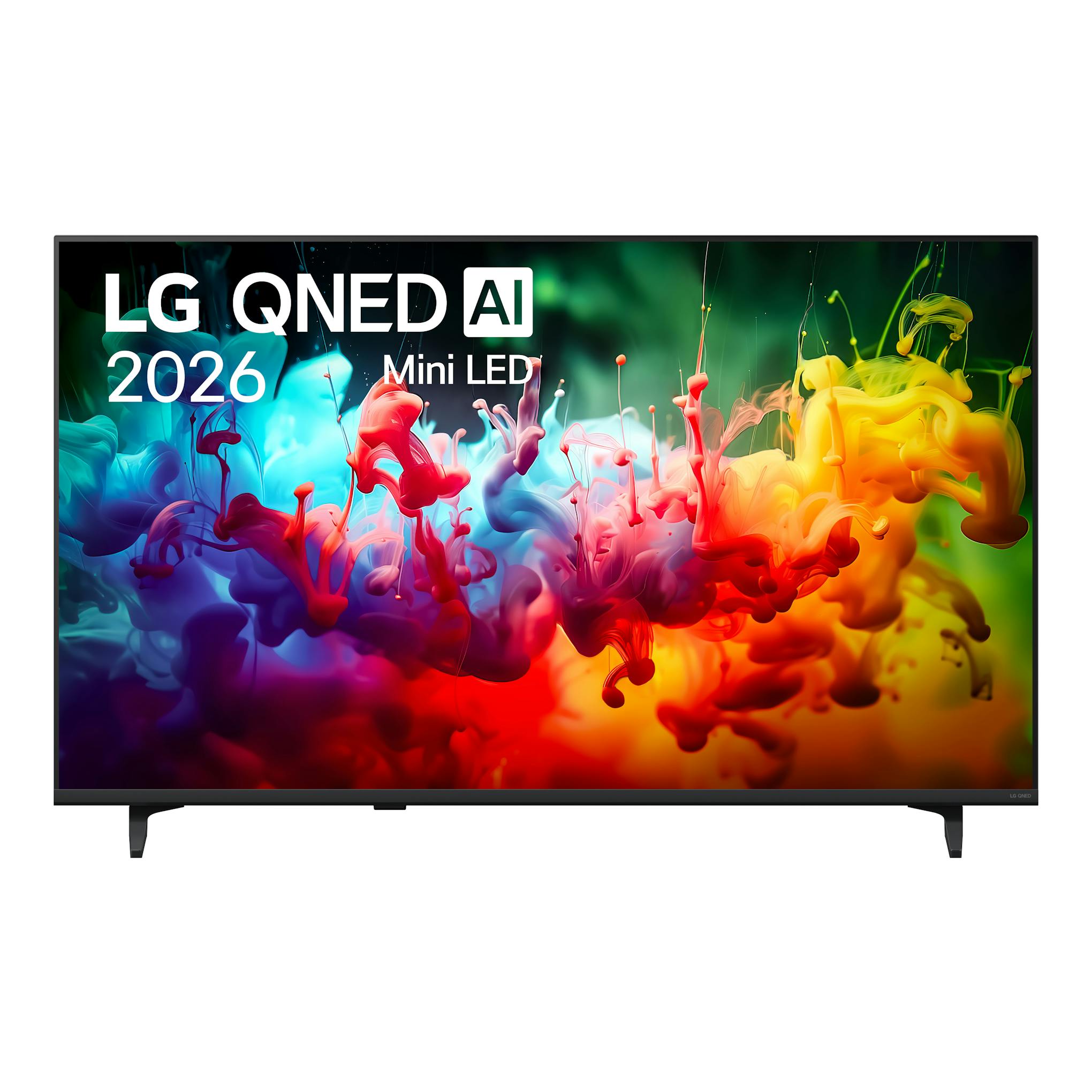 Televisor LG QNED AI 2026 Mini LED, vista frontal, con patas, pantalla con gráficos multicolor.
