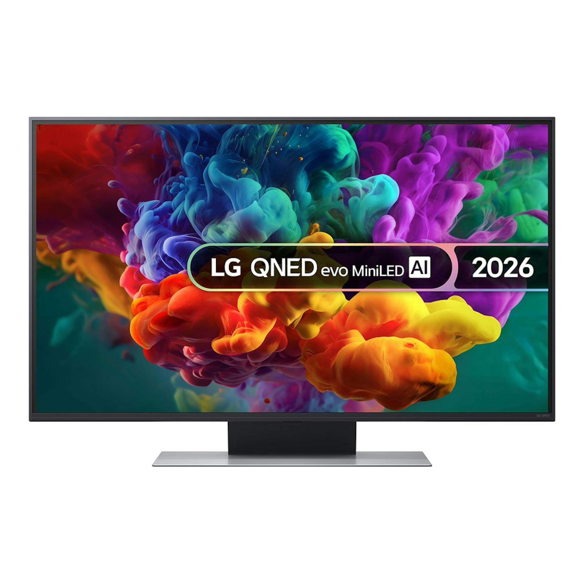 TV LG 43QNED86B6B.AEU QNED evo MiniLED, vista frontal, marco negro y peana central plateada.