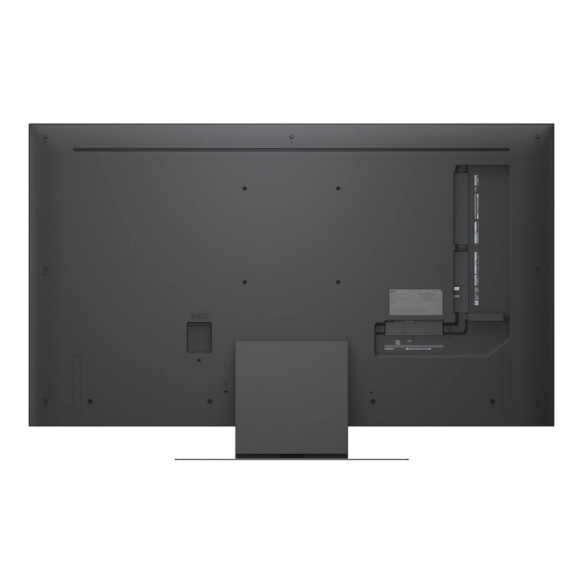 Vista trasera de un televisor LG QNED 4K 43QNED86B6B.AEU negro, con peana central y conexiones laterales.