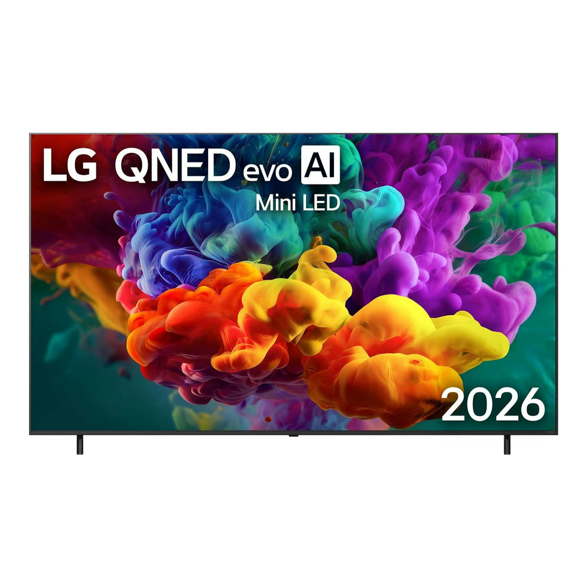 TV LG 75QNED86B6B.AEU QNED evo AI Mini LED, vista frontal, con dos patas y fondo blanco.