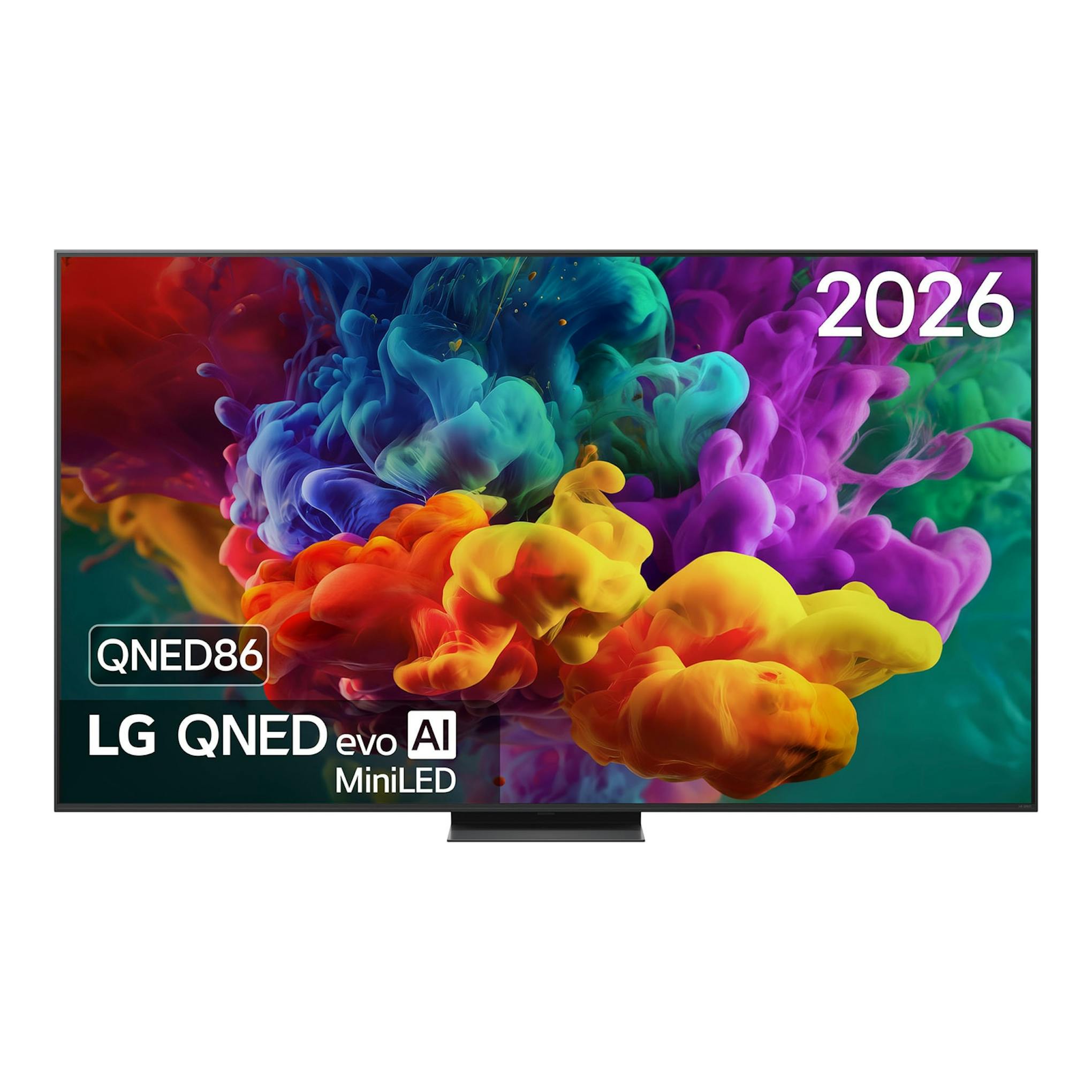 Televisor LG QNED86 evo AI MiniLED, vista frontal, pantalla negra con base central y fondo multicolor.