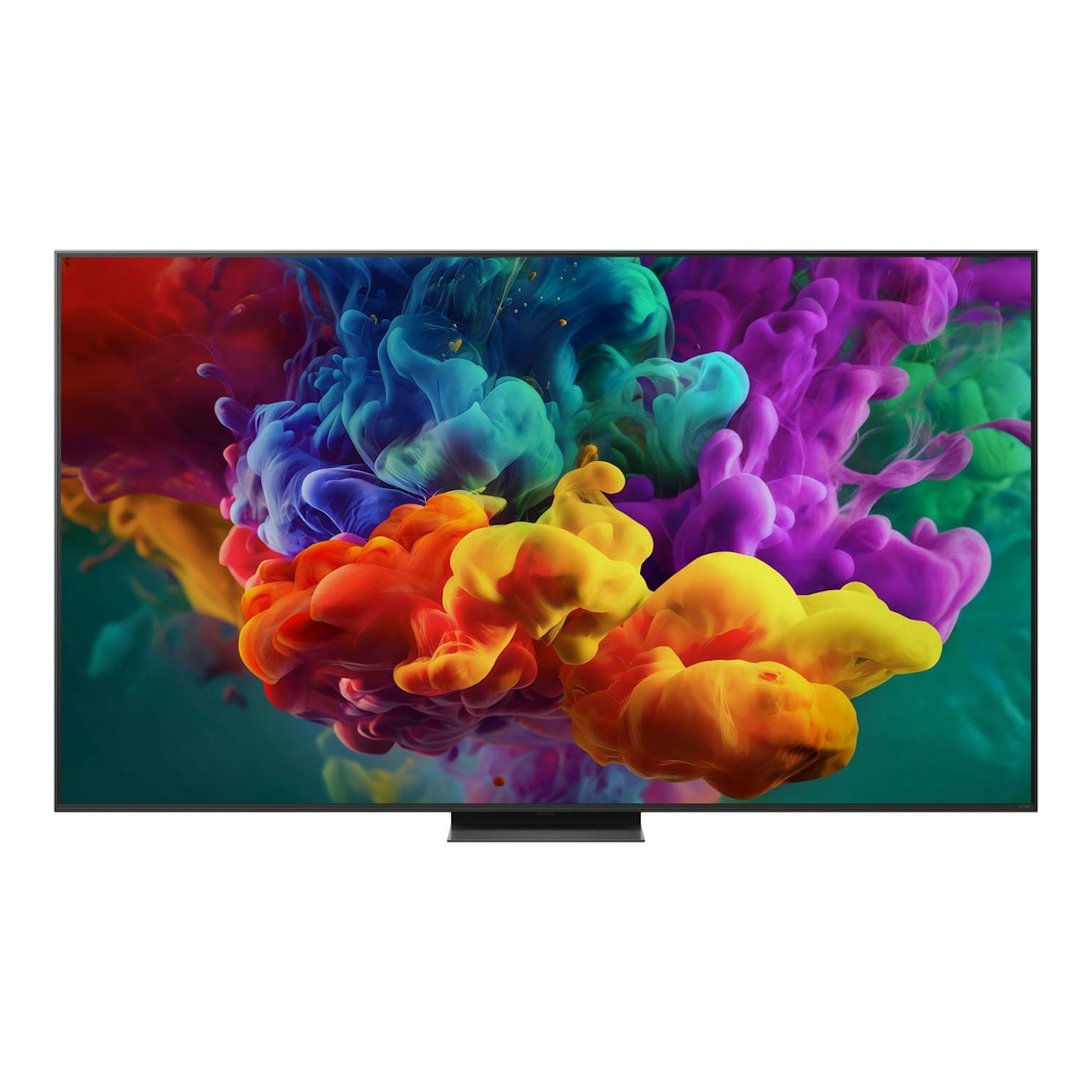 TV LG QNED 4K 86QNED86B6B.AEU, vista frontal, pantalla negra con imagen multicolor y soporte central.