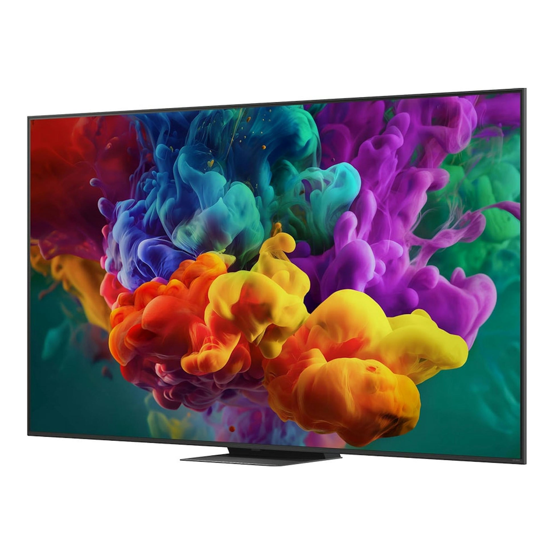 TV LG QNED 86QNED86B6B.AEU, vista frontal en ángulo, pantalla con imagen abstracta multicolor y base central.