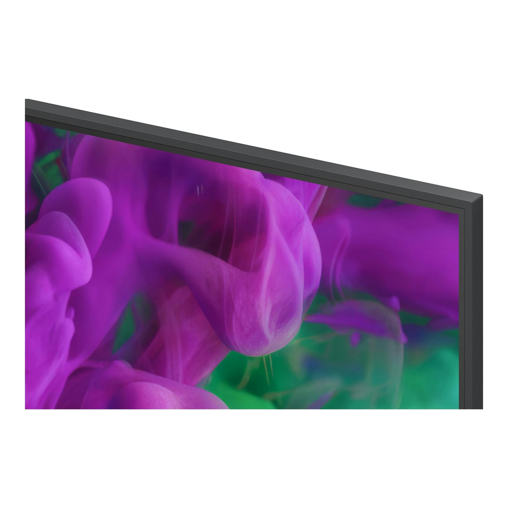 TV LG QNED 4K 86QNED86B6B.AEU, vista frontal en ángulo, marco negro y pantalla con imagen morada y verde.